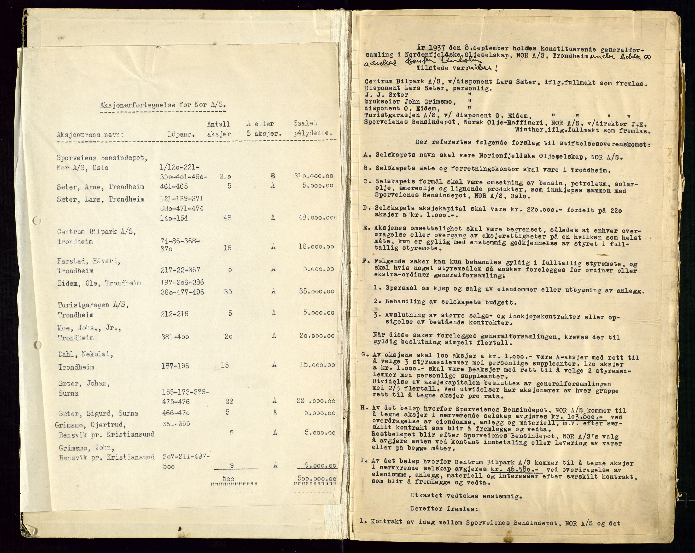 PA 1519 - Nordenfjeldske Oljeselskap, NOR A/S, AV/SAST-A-101924/A/L0001: Styreprotokoll, 1937-1962, p. 2