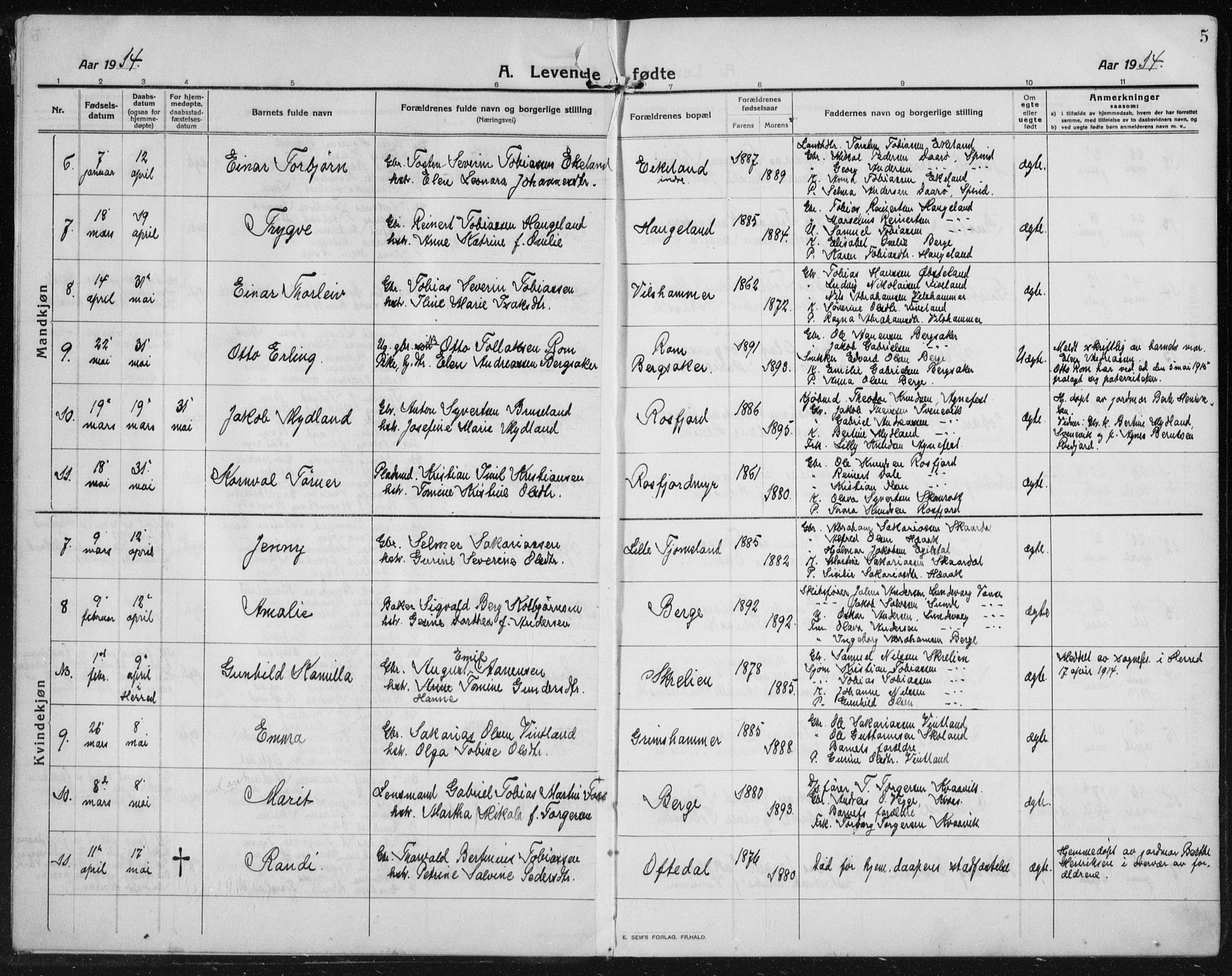 Lyngdal sokneprestkontor, AV/SAK-1111-0029/F/Fb/Fbc/L0006: Parish register (copy) no. B 6, 1914-1934, p. 5