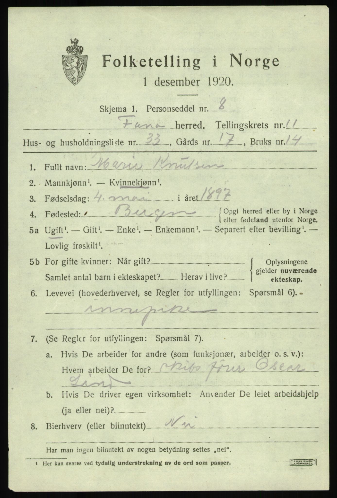 SAB, 1920 census for Fana, 1920, p. 18641