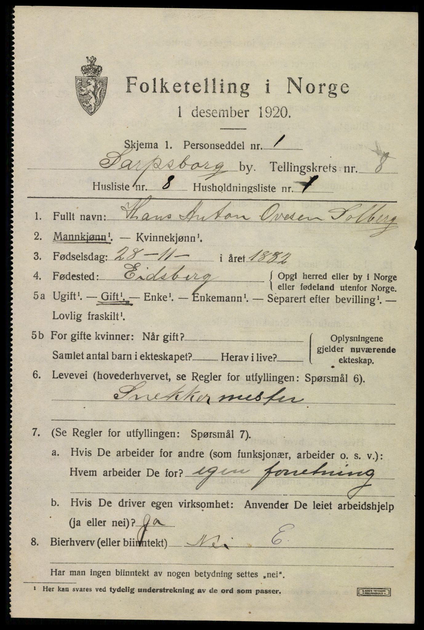 SAO, 1920 census for Sarpsborg, 1920, p. 17432