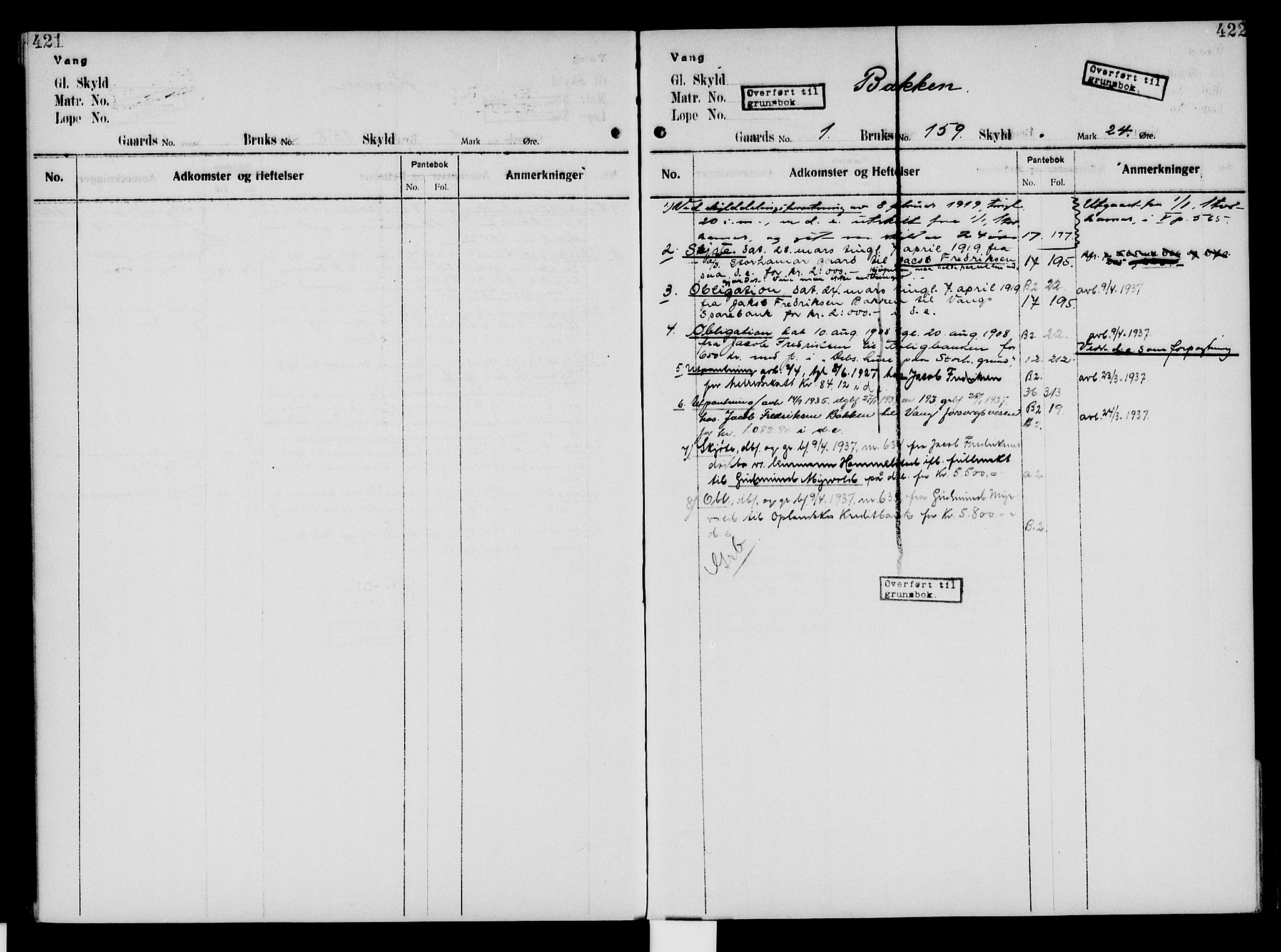 Nord-Hedmark sorenskriveri, SAH/TING-012/H/Ha/Had/Hade/L0005: Mortgage register no. 4.5, 1916-1940, p. 421-422