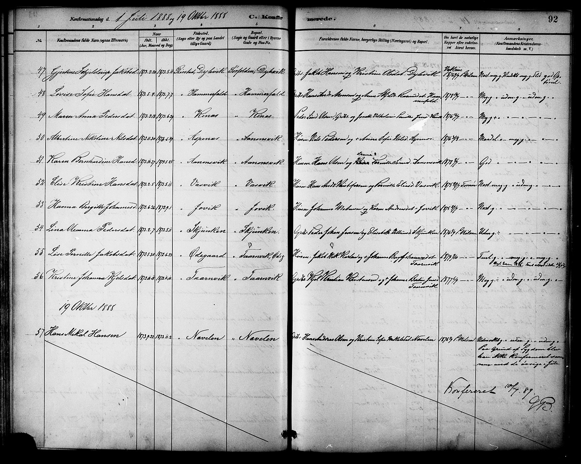 Ministerialprotokoller, klokkerbøker og fødselsregistre - Nordland, AV/SAT-A-1459/854/L0777: Parish register (official) no. 854A01 /1, 1883-1891, p. 92