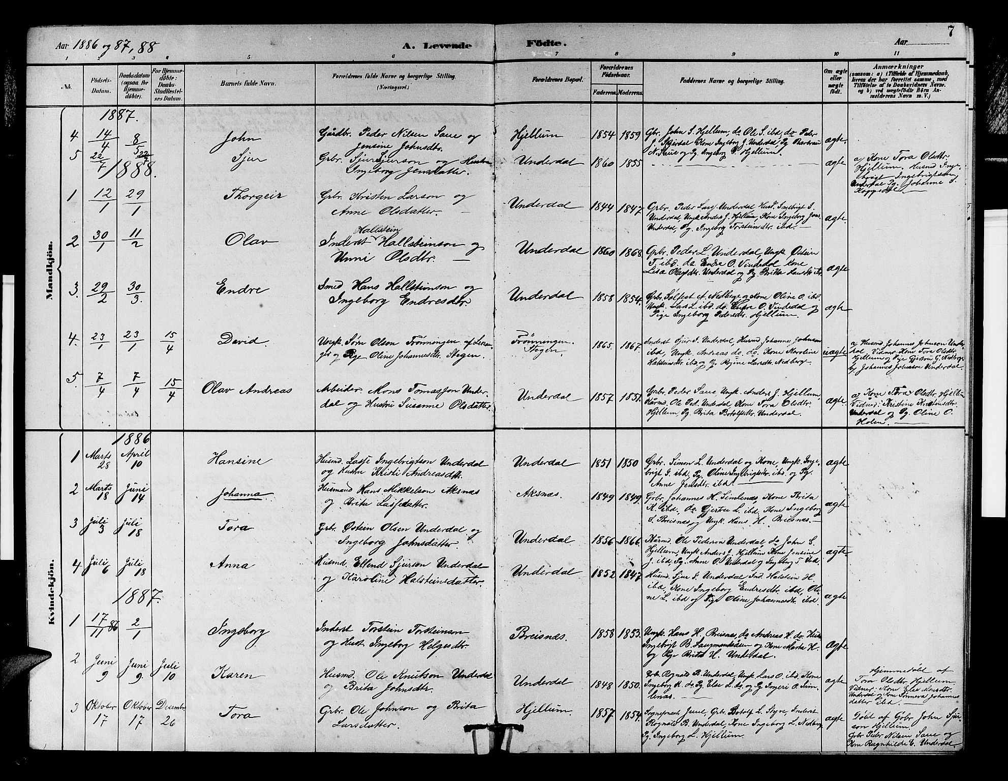 Aurland sokneprestembete, SAB/A-99937/H/Hb/Hbd/L0002: Parish register (copy) no. D 2, 1883-1920, p. 7