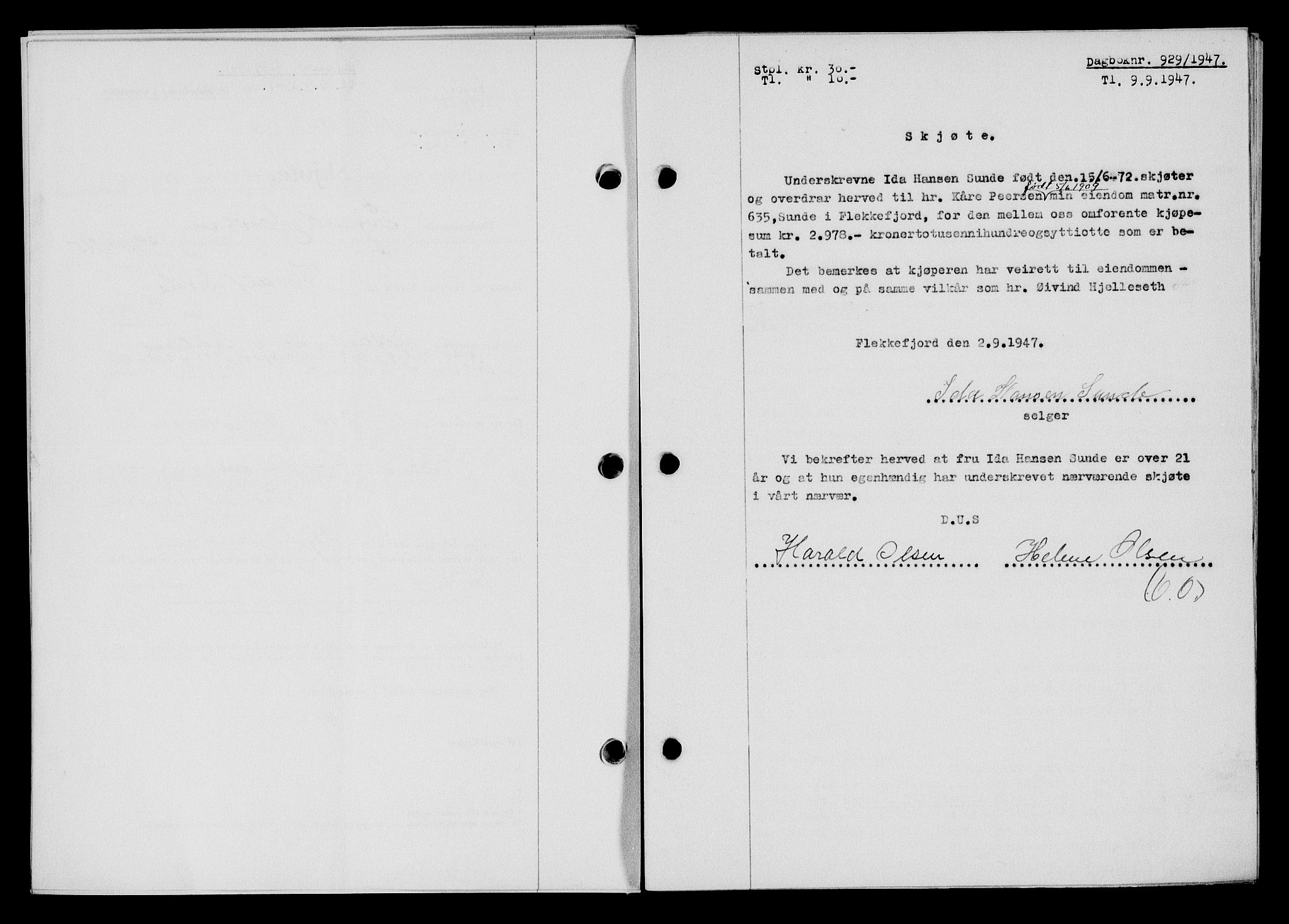 Flekkefjord sorenskriveri, SAK/1221-0001/G/Gb/Gba/L0062: Mortgage book no. A-10, 1947-1947, Diary no: : 929/1947