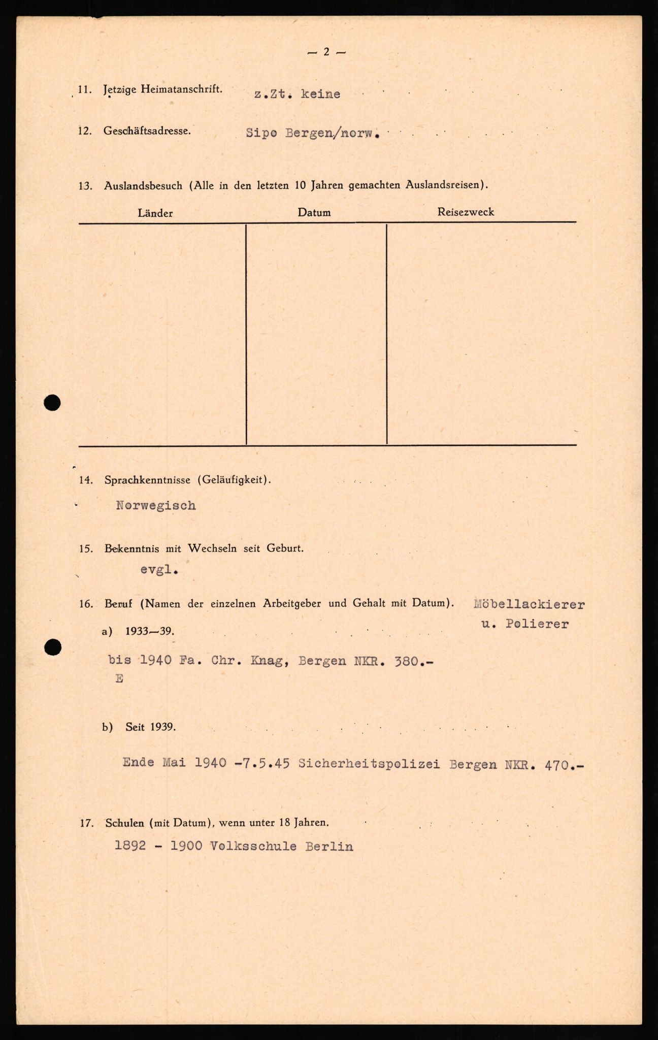 Forsvaret, Forsvarets overkommando II, RA/RAFA-3915/D/Db/L0019: CI Questionaires. Tyske okkupasjonsstyrker i Norge. Tyskere., 1945-1946, p. 109