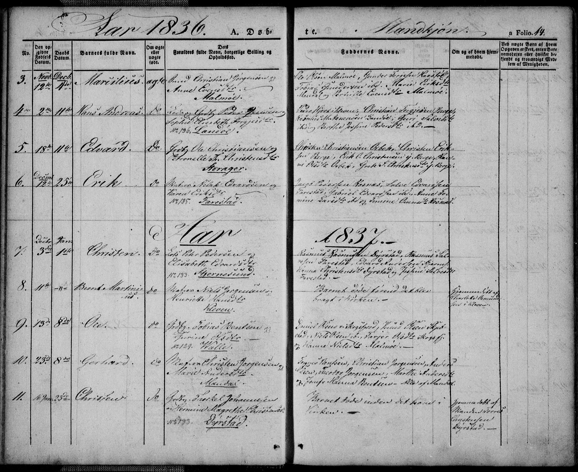 Mandal sokneprestkontor, SAK/1111-0030/F/Fa/Faa/L0011: Parish register (official) no. A 11, 1830-1839, p. 44