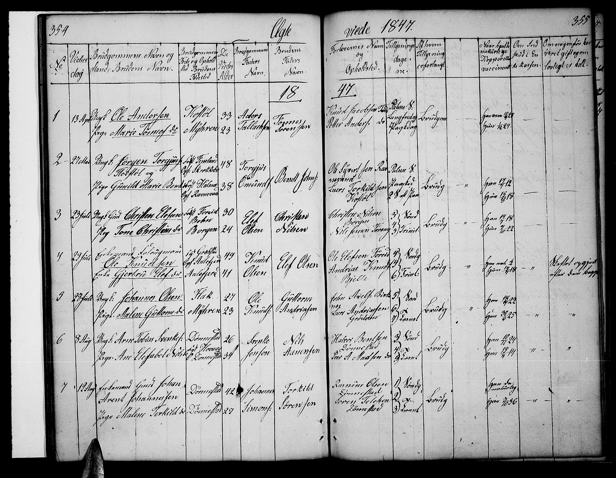 Tveit sokneprestkontor, SAK/1111-0043/F/Fb/L0002: Parish register (copy) no. B 2, 1835-1854, p. 354-355