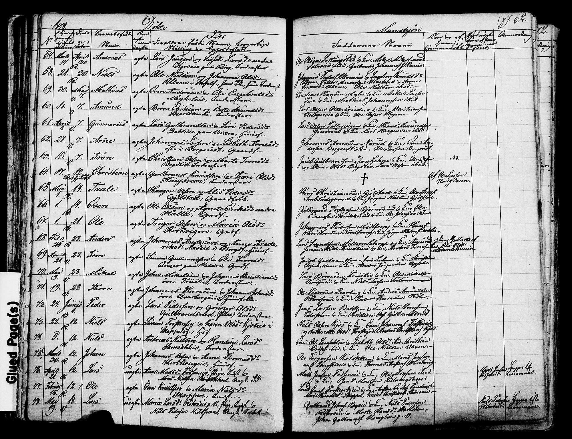 Ringsaker prestekontor, SAH/PREST-014/K/Ka/L0008: Parish register (official) no. 8, 1837-1850, p. 62