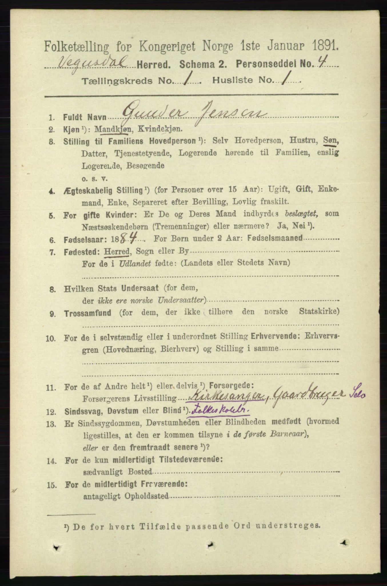 RA, 1891 census for 0934 Vegusdal, 1891, p. 57