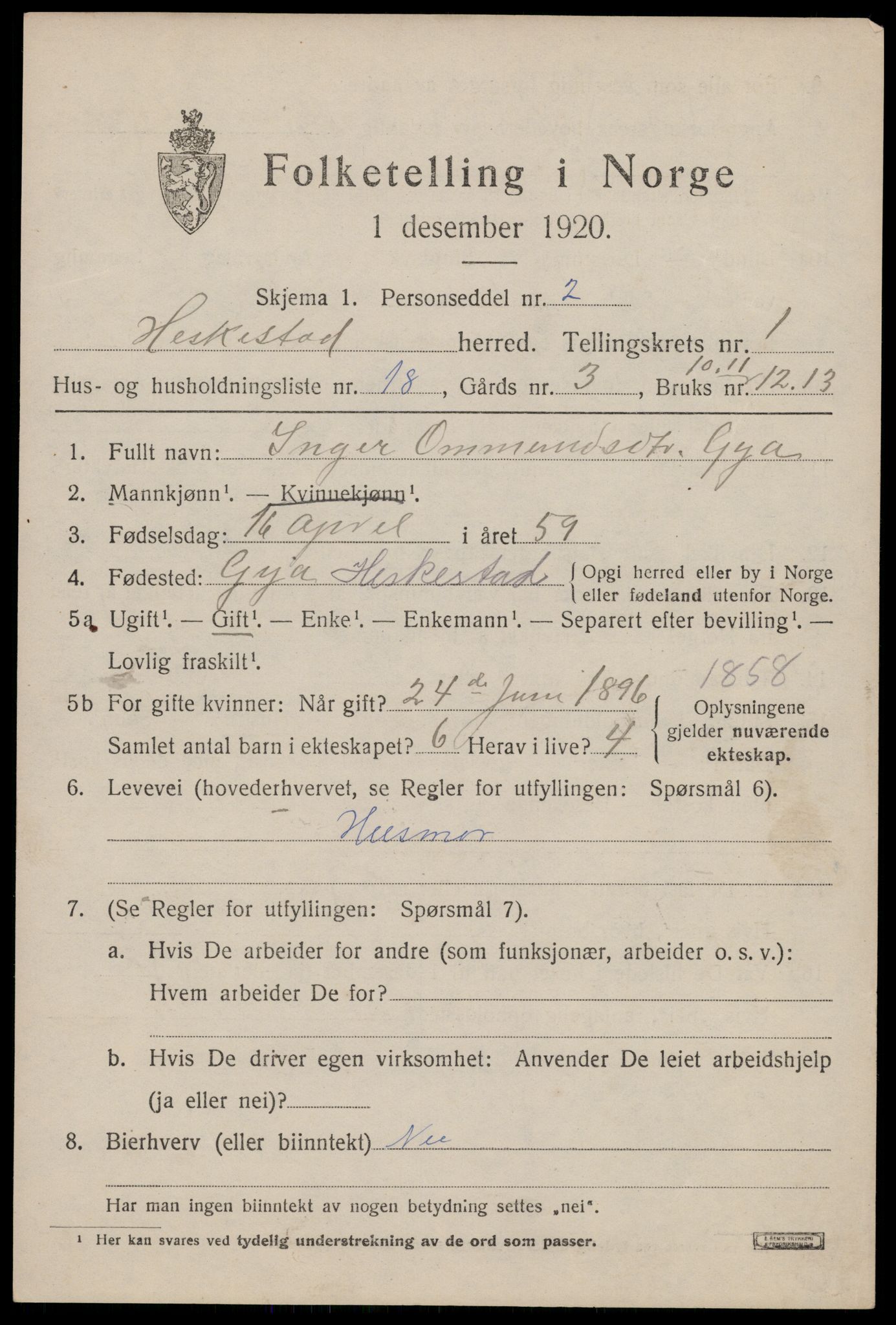 SAST, 1920 census for Heskestad, 1920, p. 593