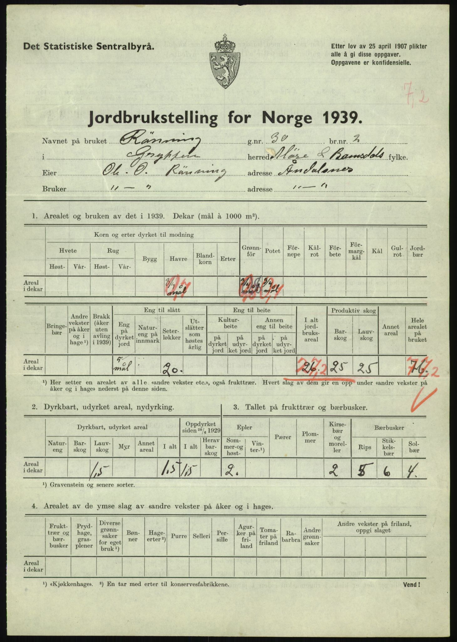 Statistisk sentralbyrå, Næringsøkonomiske emner, Jordbruk, skogbruk, jakt, fiske og fangst, AV/RA-S-2234/G/Gb/L0251: Møre og Romsdal: Voll, Eid, Grytten og Hen, 1939, p. 629