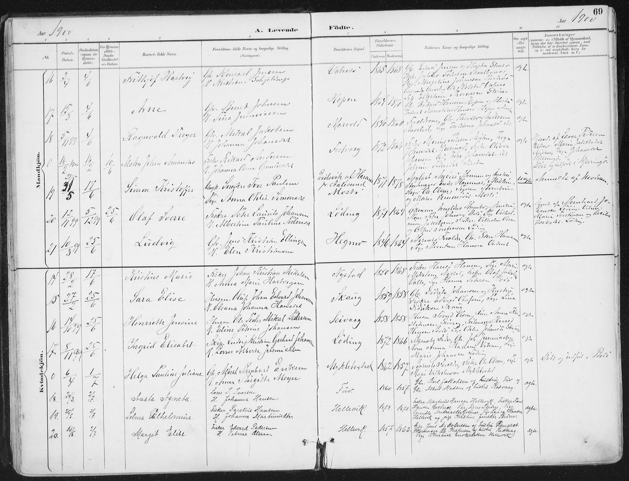 Ministerialprotokoller, klokkerbøker og fødselsregistre - Nordland, SAT/A-1459/802/L0055: Parish register (official) no. 802A02, 1894-1915, p. 69