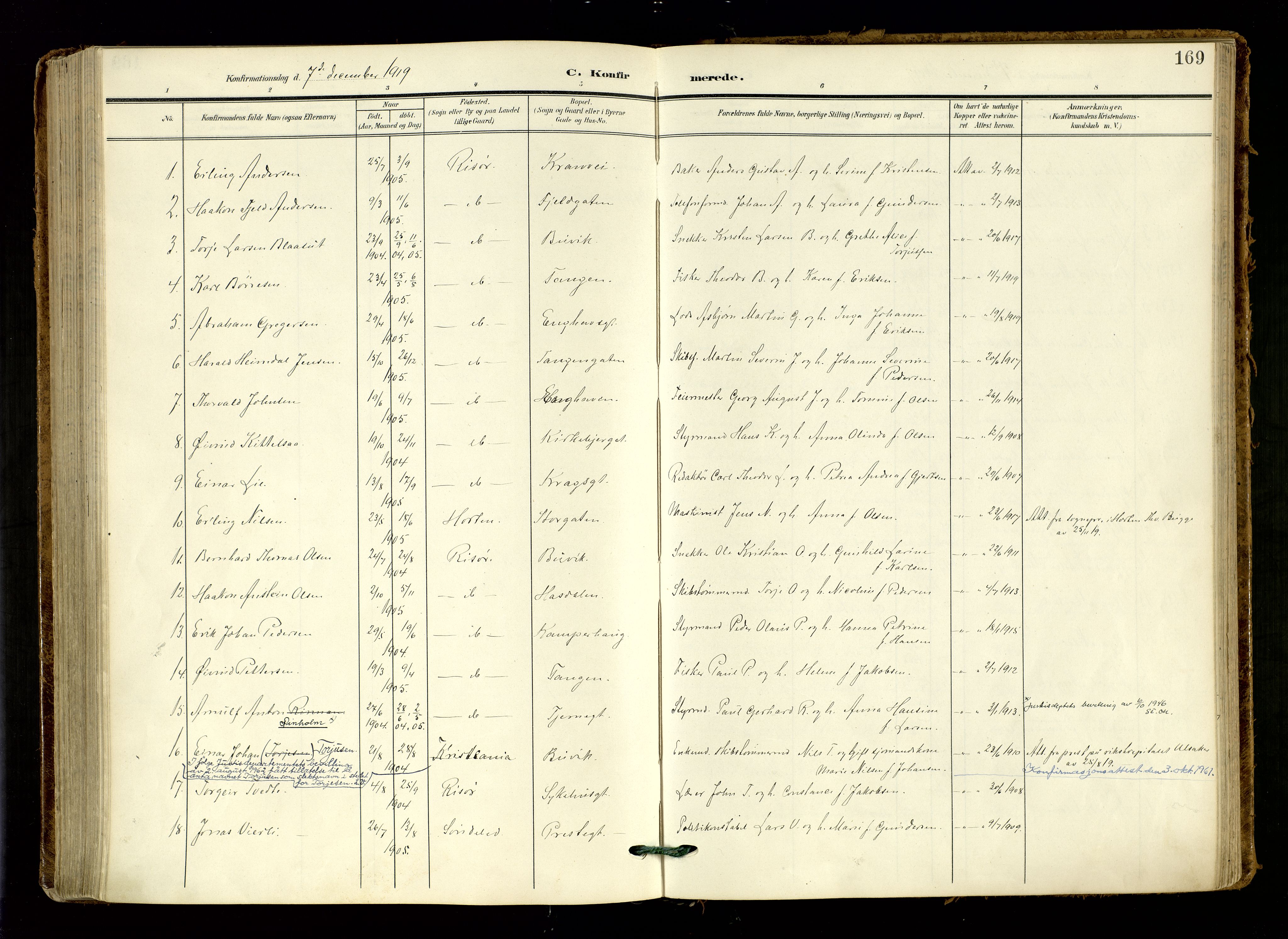 Risør sokneprestkontor, AV/SAK-1111-0035/F/Fa/L0011: Parish register (official) no. A 11, 1907-1920, p. 169