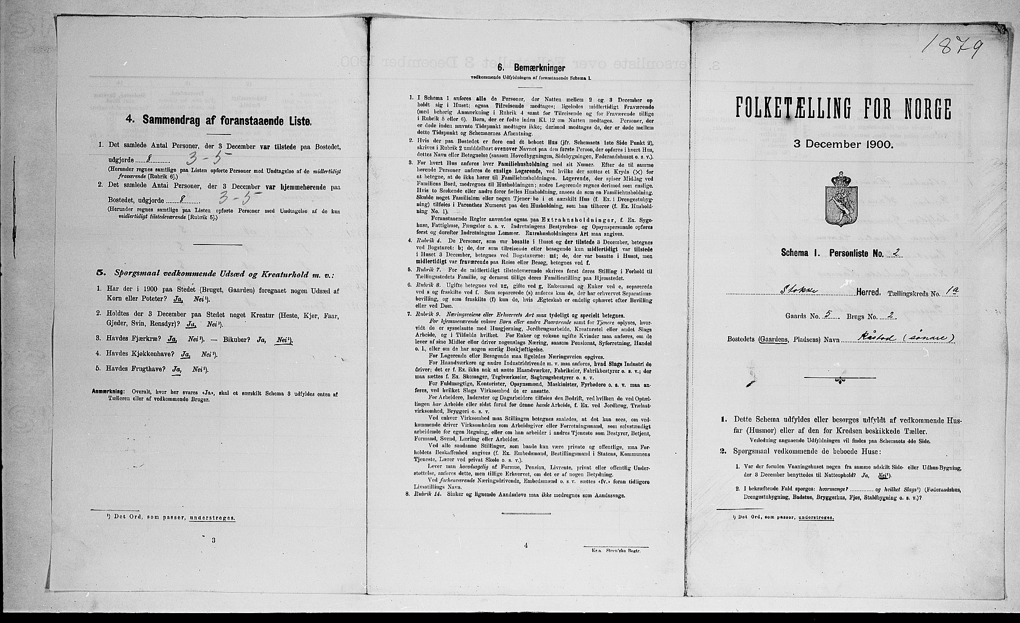 RA, 1900 census for Stokke, 1900, p. 159
