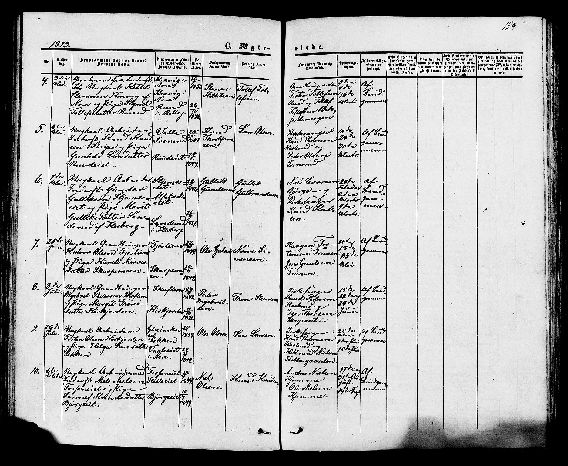 Rollag kirkebøker, SAKO/A-240/F/Fa/L0009: Parish register (official) no. I 9, 1860-1874, p. 129