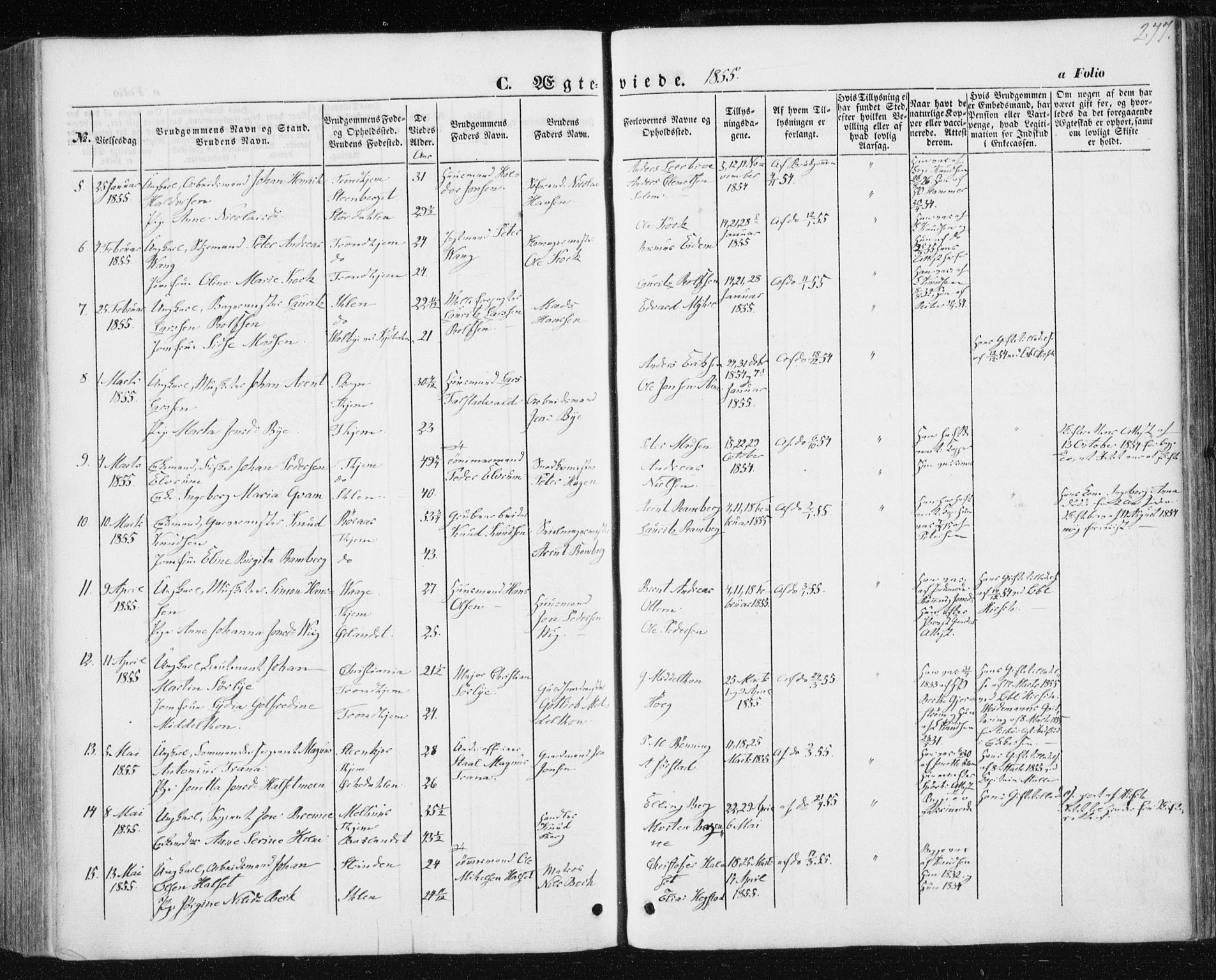 Ministerialprotokoller, klokkerbøker og fødselsregistre - Sør-Trøndelag, AV/SAT-A-1456/602/L0112: Parish register (official) no. 602A10, 1848-1859, p. 277