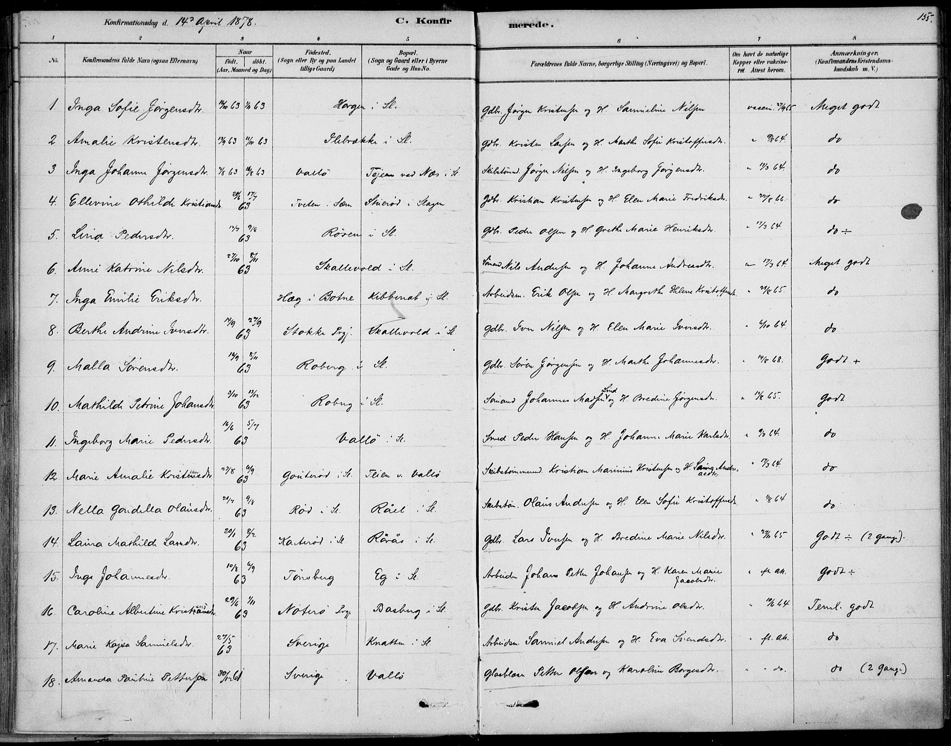 Sem kirkebøker, AV/SAKO-A-5/F/Fb/L0004: Parish register (official) no. II 4, 1878-1891, p. 155