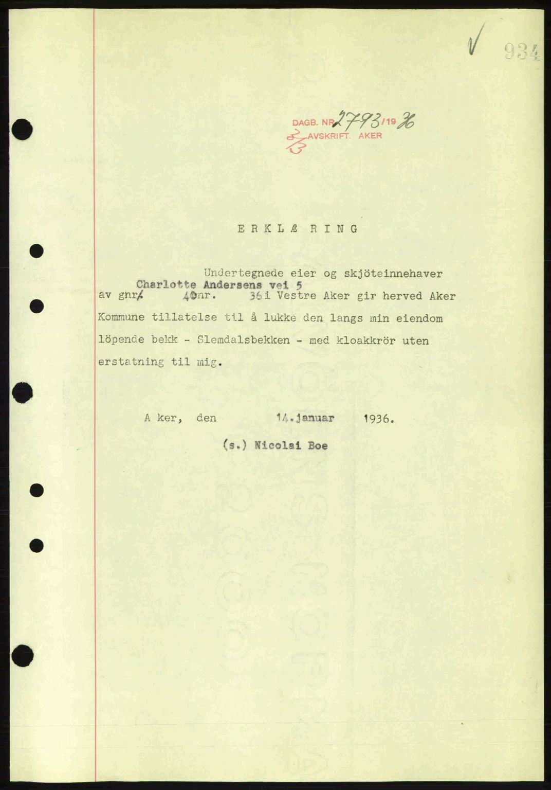 Aker herredsskriveri, AV/SAO-A-10896/G/Gb/Gba/Gbab/L0002: Mortgage book no. A137 II, 1936-1936, Diary no: : 2793/1936