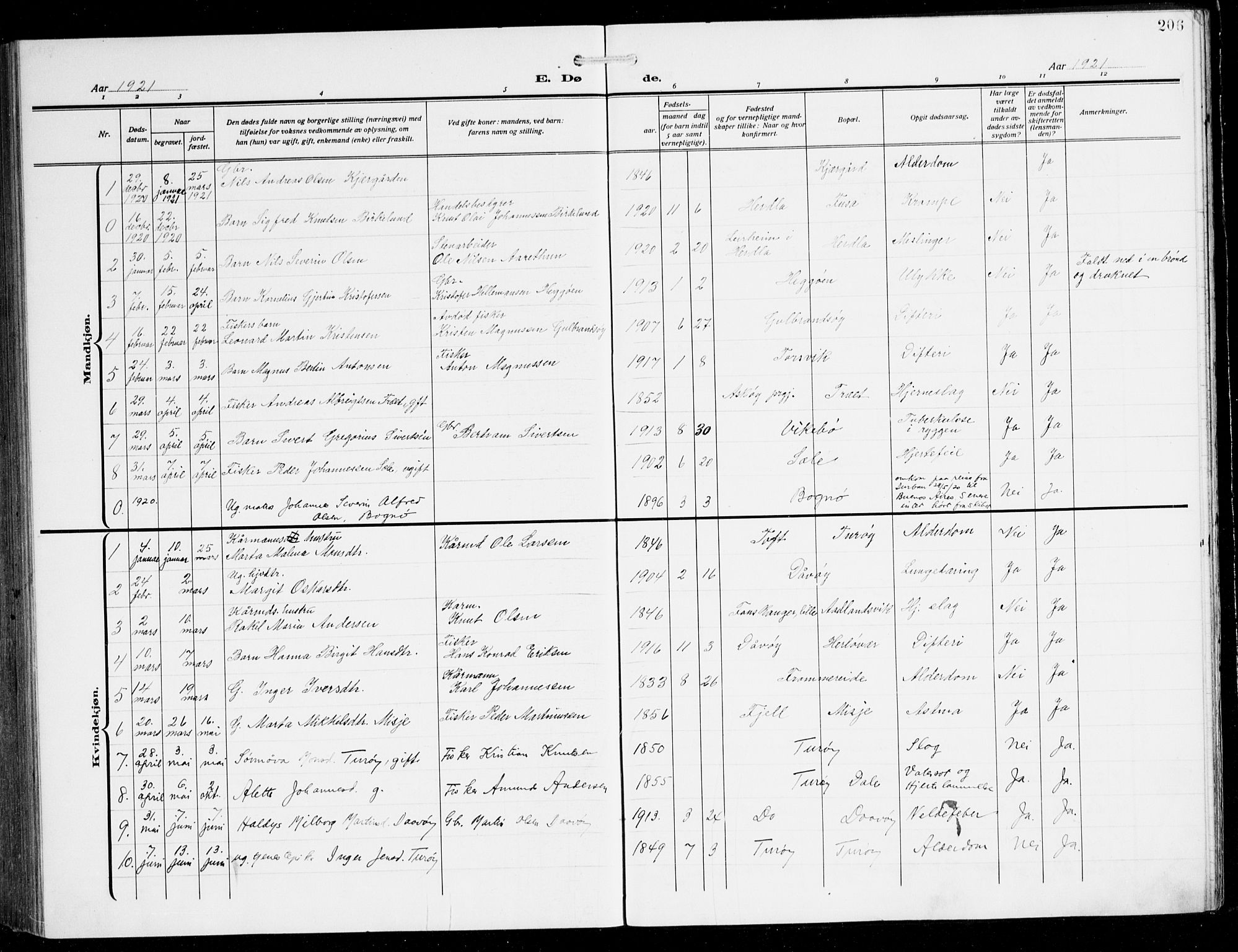 Herdla Sokneprestembete, SAB/A-75701/H/Hab: Parish register (copy) no. C 2, 1913-1926, p. 206