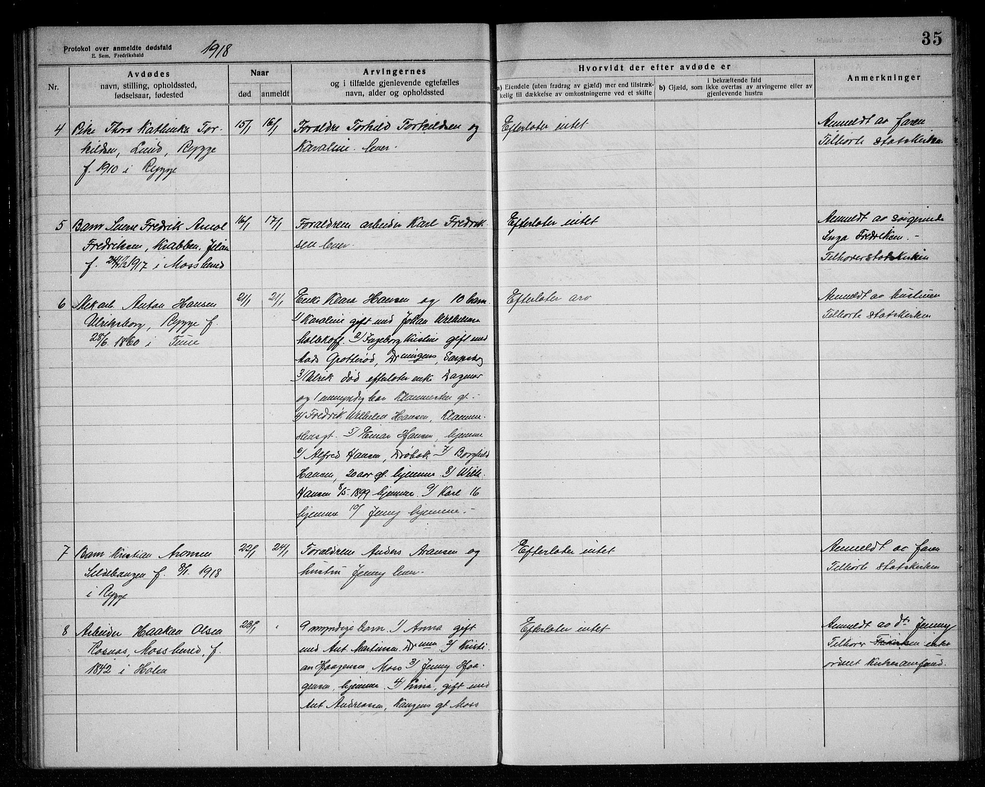 Rygge lensmannskontor, AV/SAO-A-10005/H/Ha/Haa/L0006: Dødsfallsprotokoll, 1916-1920, p. 35