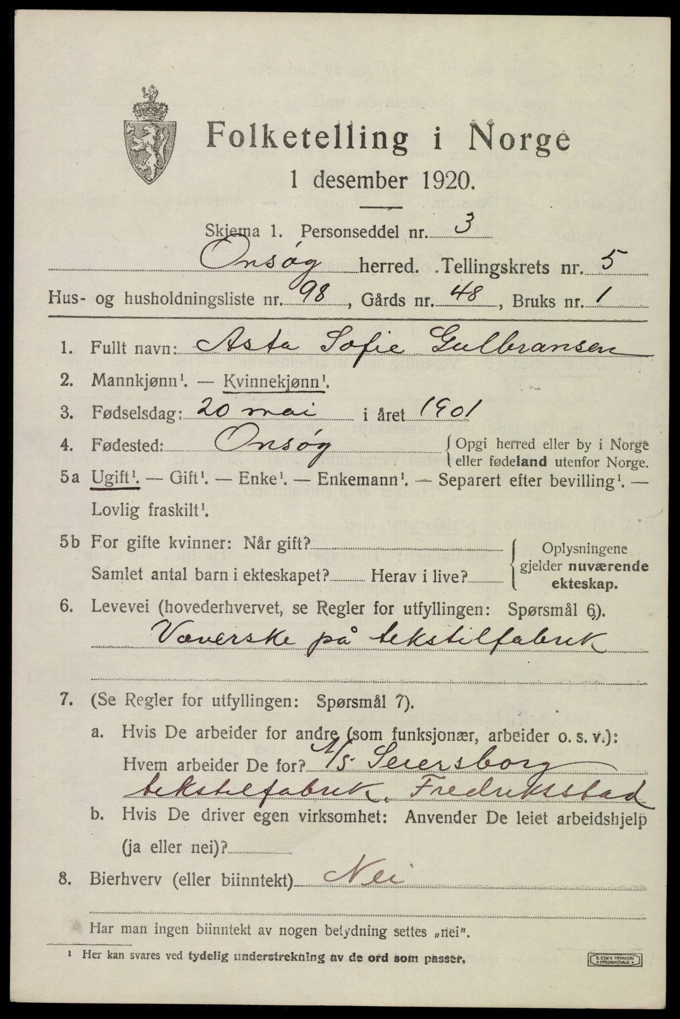 SAO, 1920 census for Onsøy, 1920, p. 7840