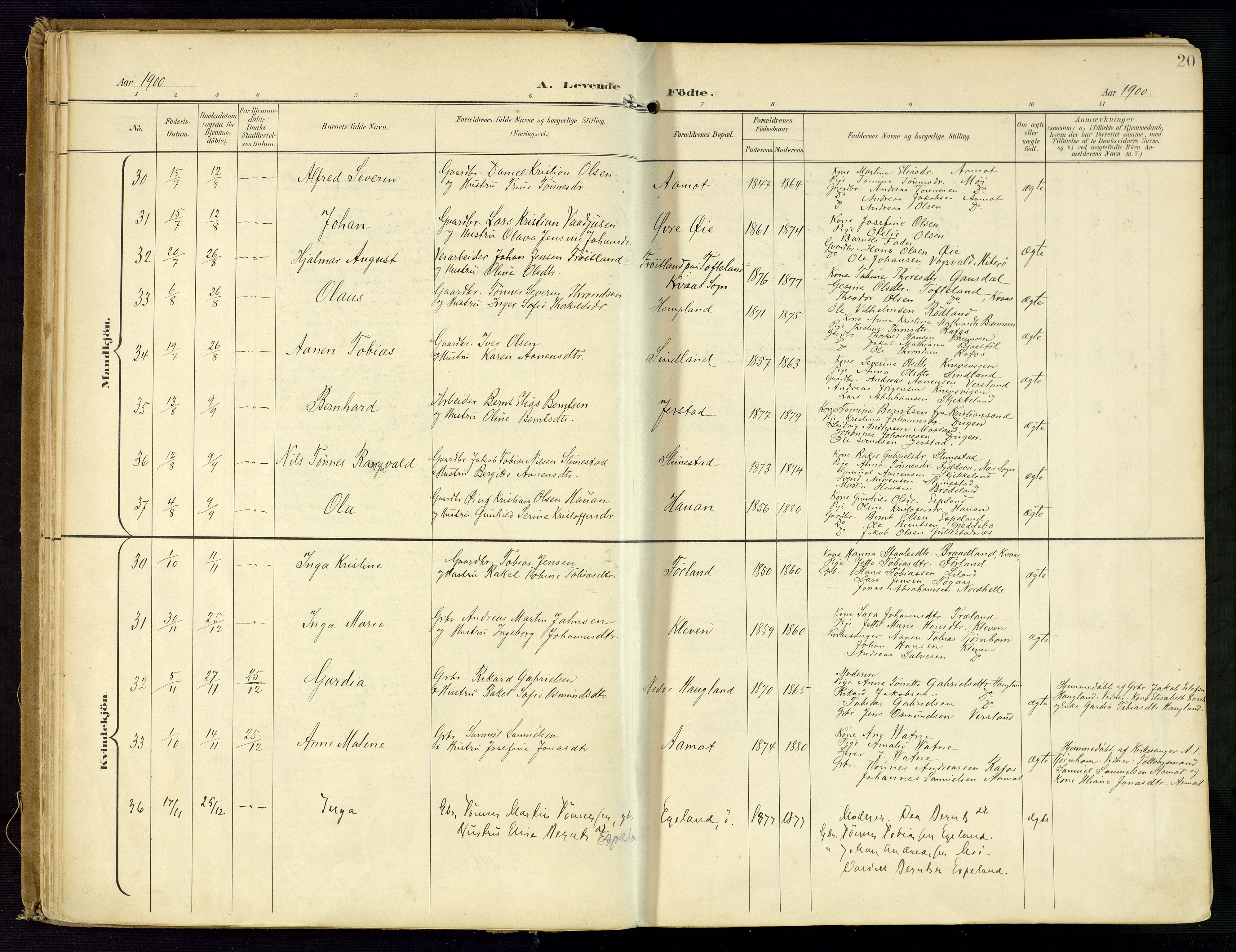 Kvinesdal sokneprestkontor, AV/SAK-1111-0026/F/Fa/Fab/L0009: Parish register (official) no. A 9, 1898-1915, p. 20