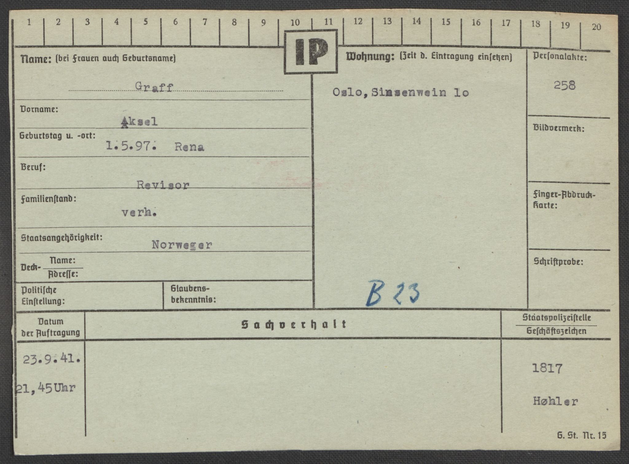 Befehlshaber der Sicherheitspolizei und des SD, AV/RA-RAFA-5969/E/Ea/Eaa/L0003: Register over norske fanger i Møllergata 19: Eng-Hag, 1940-1945, p. 915