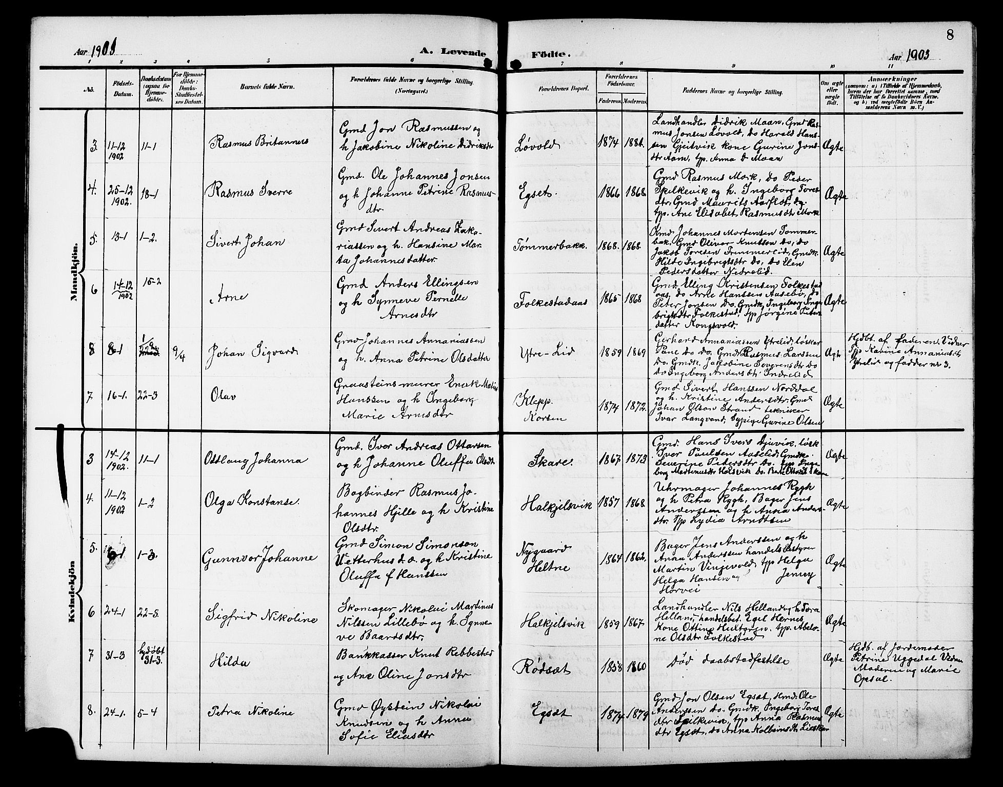 Ministerialprotokoller, klokkerbøker og fødselsregistre - Møre og Romsdal, SAT/A-1454/511/L0159: Parish register (copy) no. 511C05, 1902-1920, p. 8