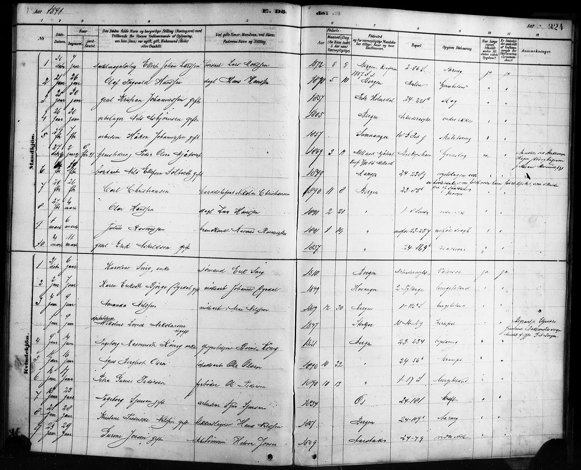 Sandviken Sokneprestembete, AV/SAB-A-77601/H/Ha/L0002: Parish register (official) no. A 2, 1878-1896, p. 324