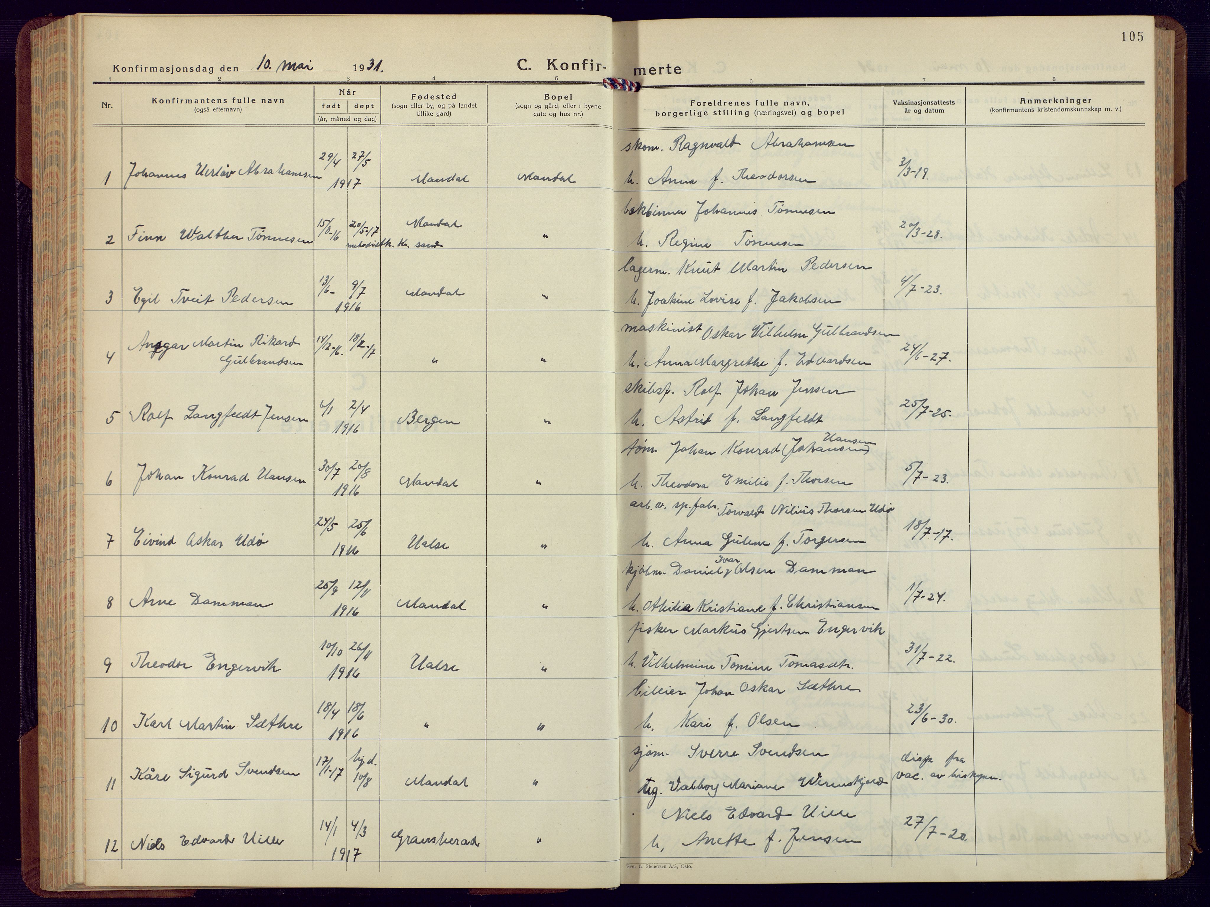 Mandal sokneprestkontor, SAK/1111-0030/F/Fb/Fbc/L0002: Parish register (copy) no. B 2, 1931-1949, p. 105