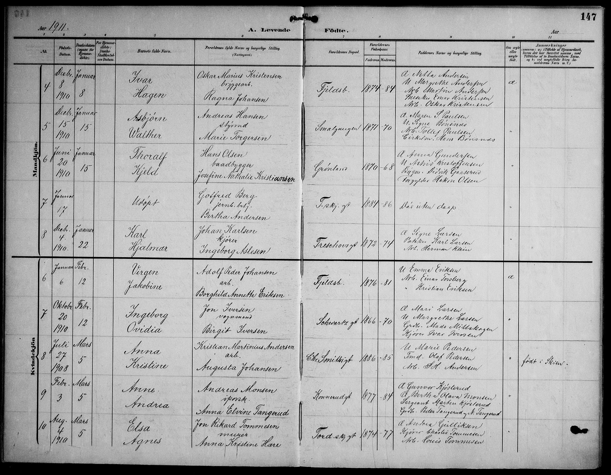 Strømsø kirkebøker, SAKO/A-246/F/Fa/L0026: Parish register (official) no. I 26, 1905-1914, p. 147