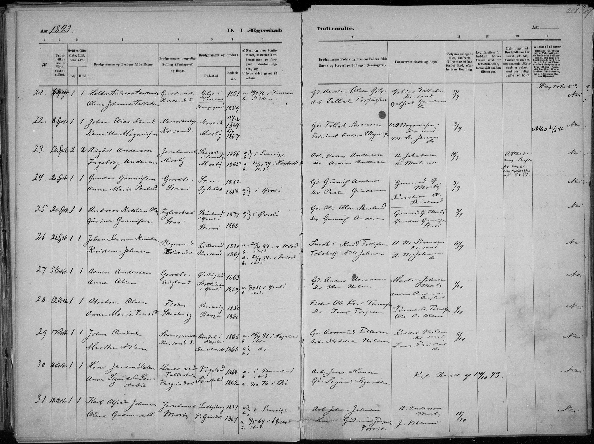 Oddernes sokneprestkontor, AV/SAK-1111-0033/F/Fa/Faa/L0009: Parish register (official) no. A 9, 1884-1896, p. 208