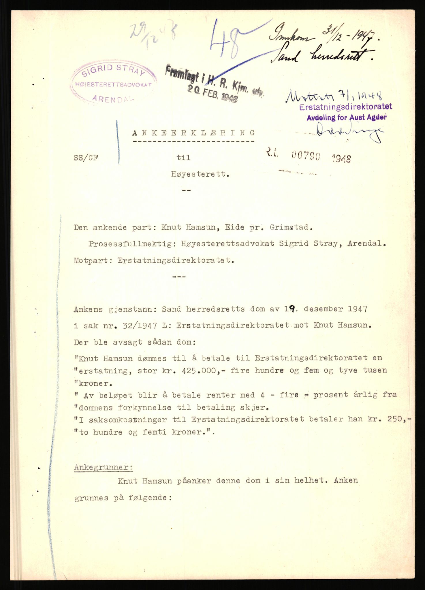 Landssvikarkivet, Arendal politikammer, AV/RA-S-3138-25/D/Dc, 1945-1951, p. 456