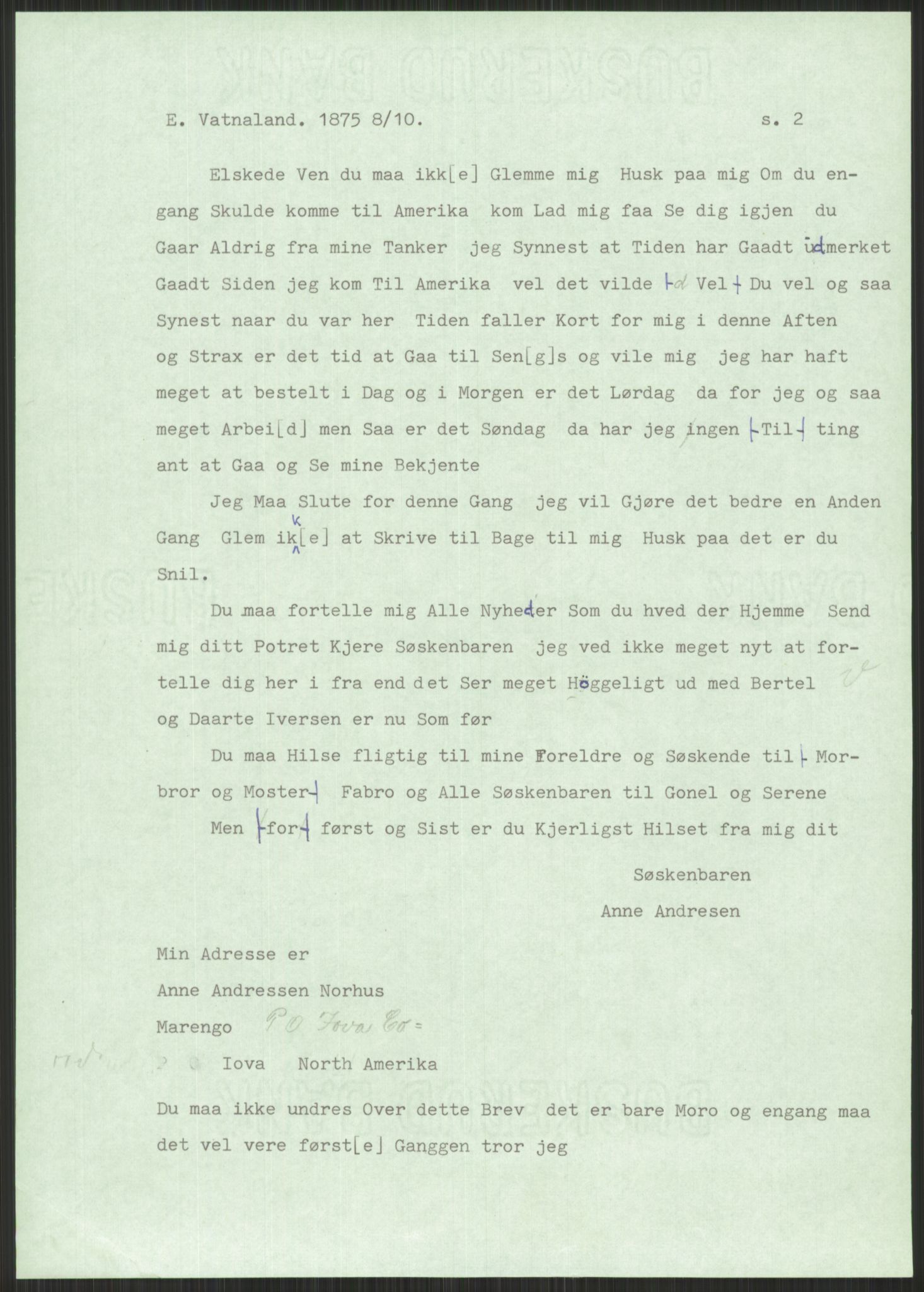 Samlinger til kildeutgivelse, Amerikabrevene, AV/RA-EA-4057/F/L0030: Innlån fra Rogaland: Vatnaland - Øverland, 1838-1914, p. 7