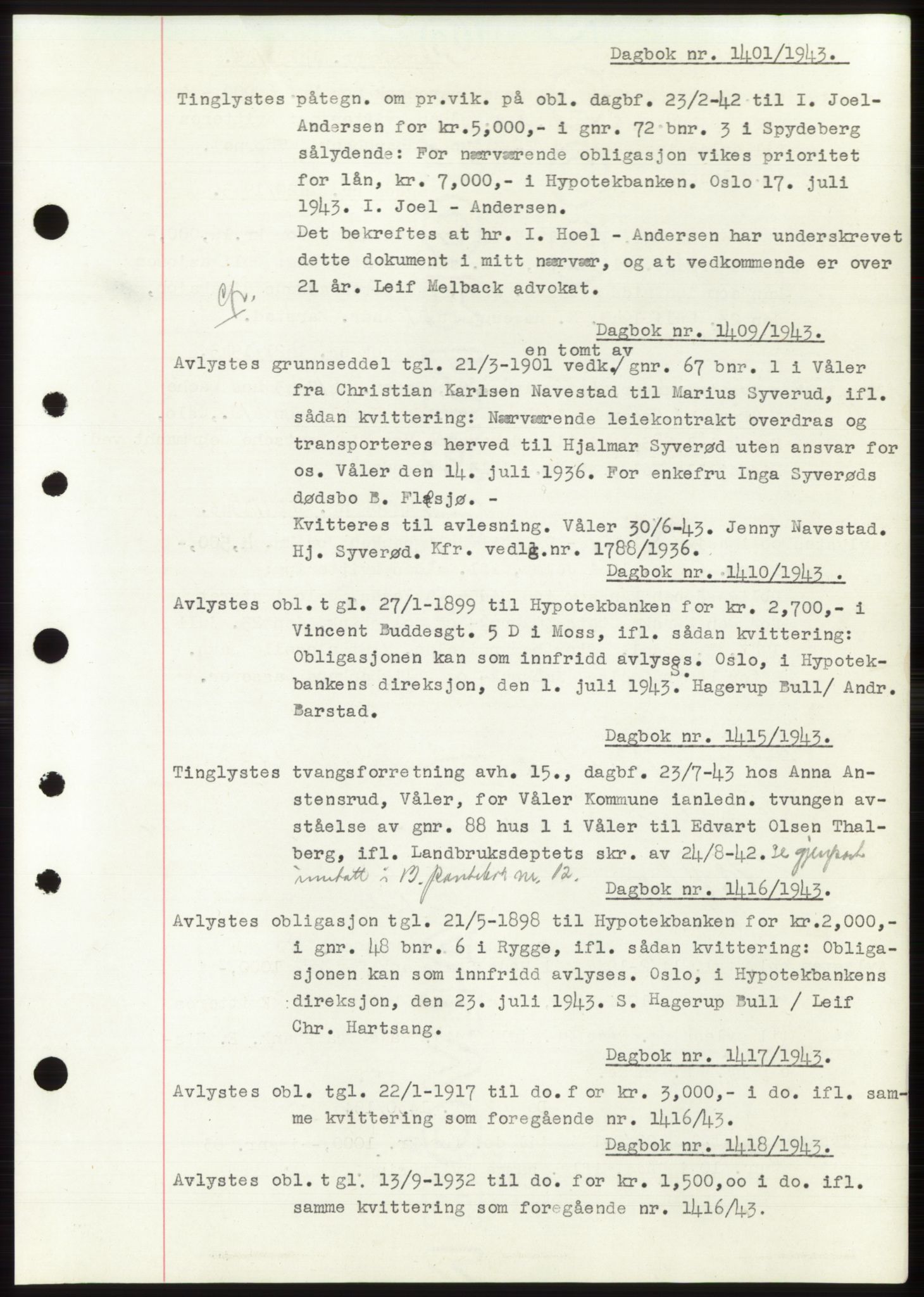 Moss sorenskriveri, AV/SAO-A-10168: Mortgage book no. C10, 1938-1950, Diary no: : 1401/1943