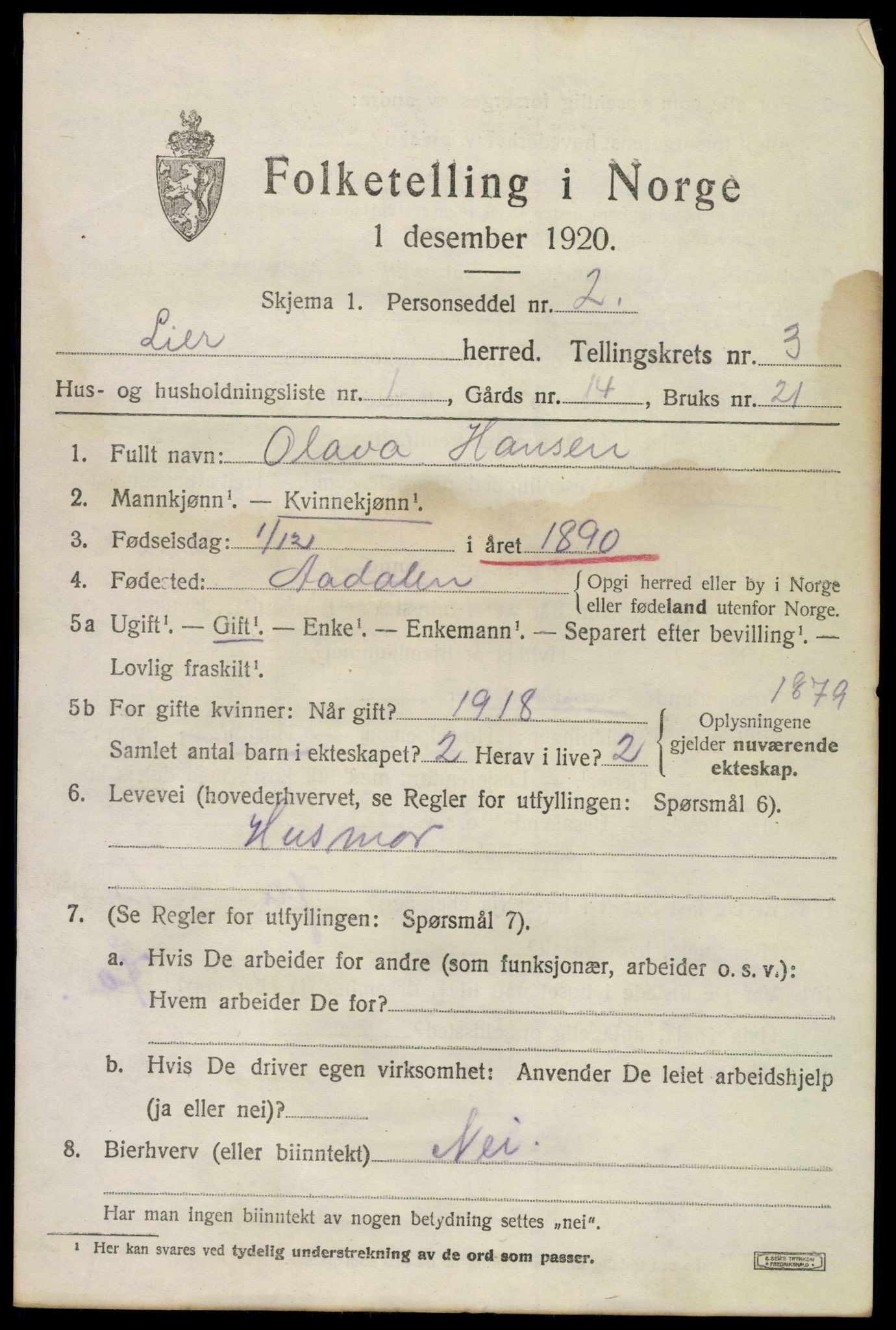 SAKO, 1920 census for Lier, 1920, p. 5418