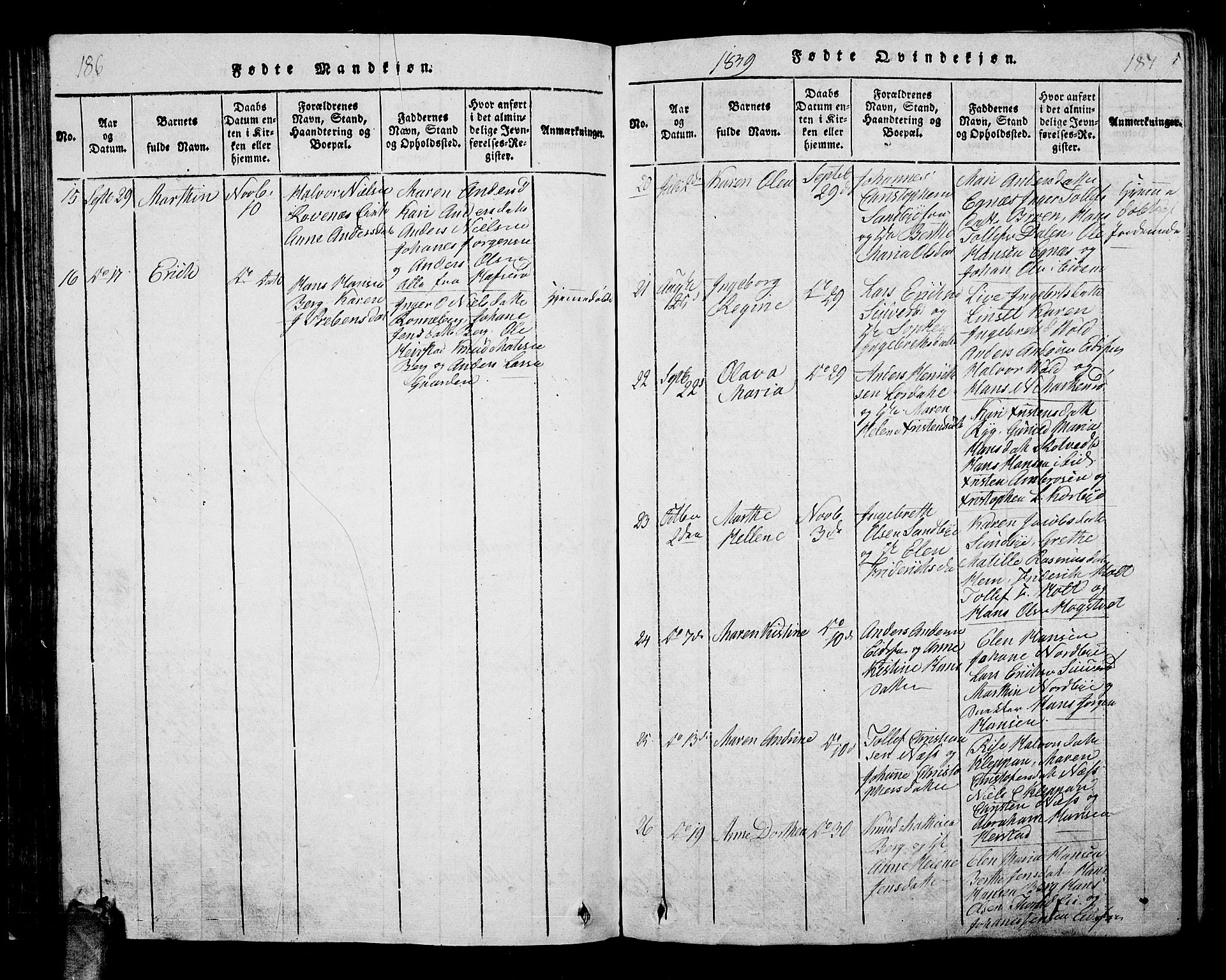 Hof kirkebøker, AV/SAKO-A-64/G/Ga/L0001: Parish register (copy) no. I 1, 1814-1844, p. 186-187