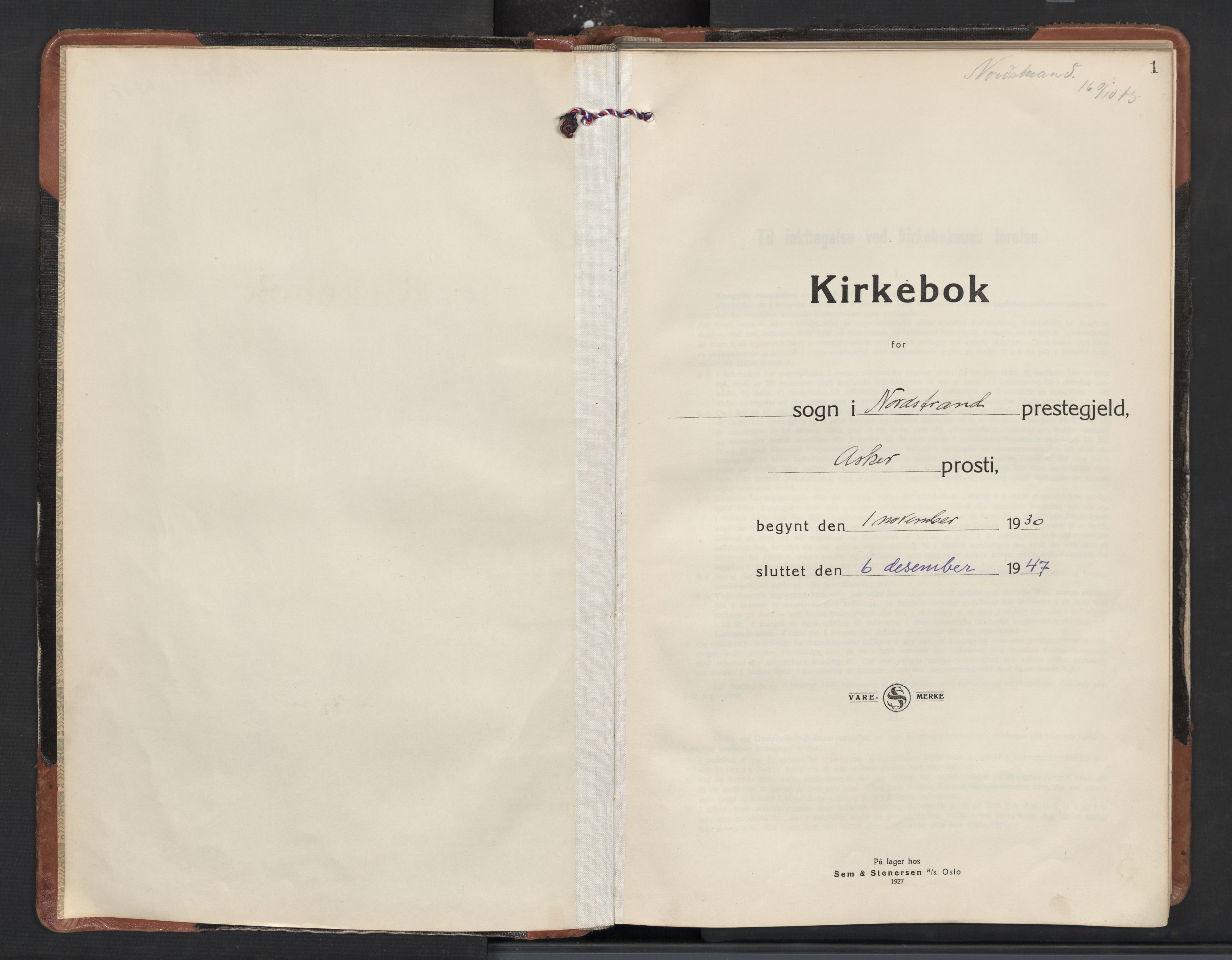 Nordstrand prestekontor Kirkebøker, AV/SAO-A-10362a/F/Fa/L0007: Parish register (official) no. 7, 1930-1947, p. 1