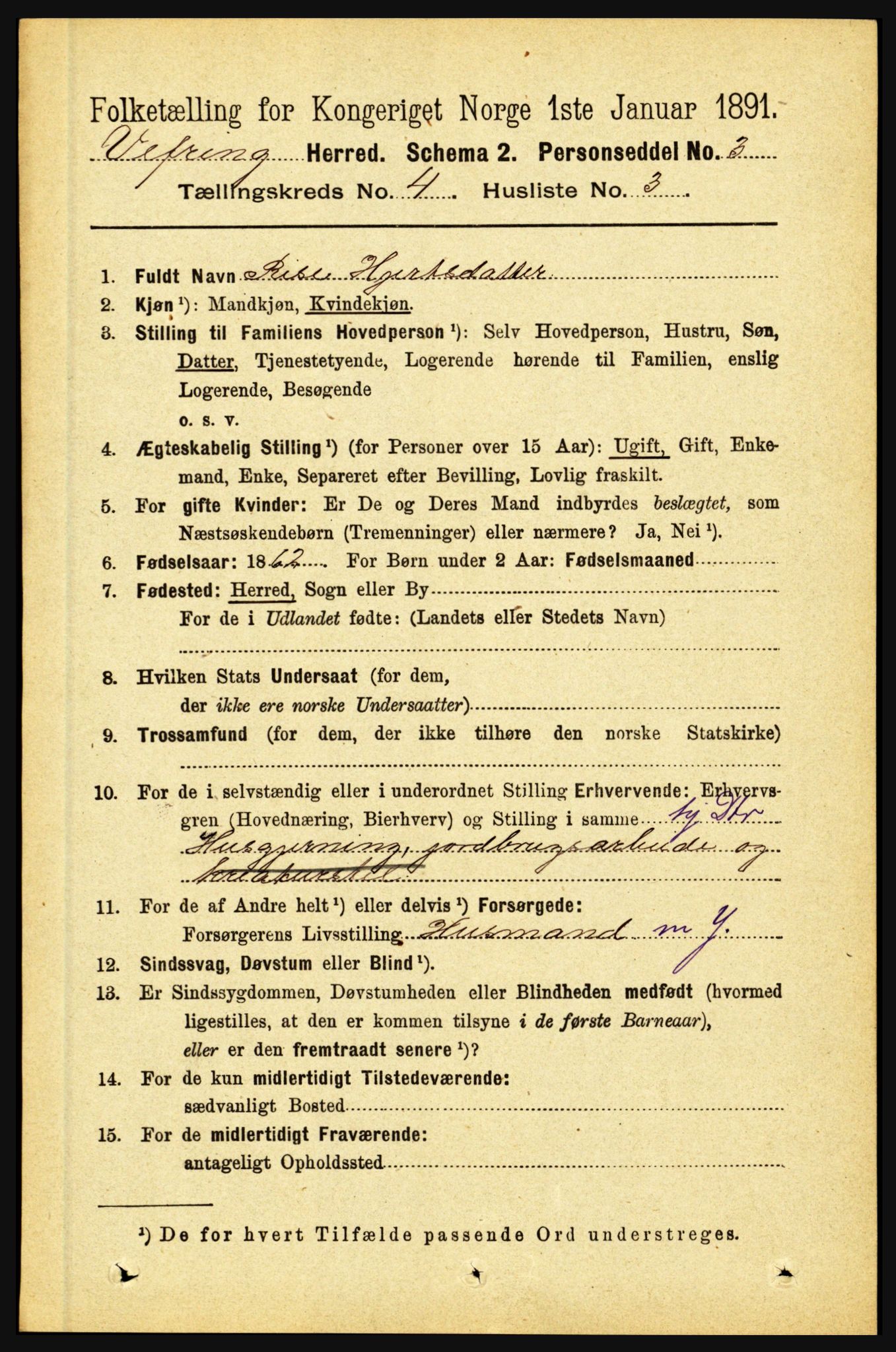 RA, 1891 census for 1434 Vevring, 1891, p. 1214