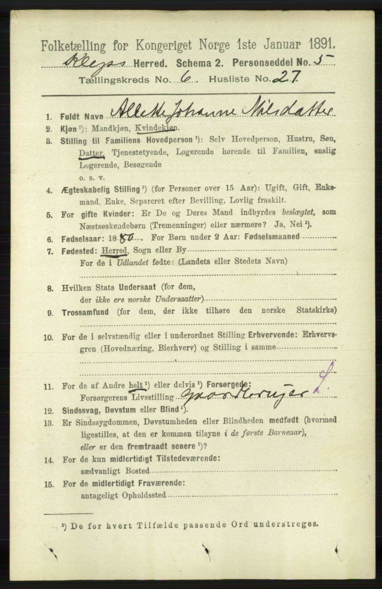 RA, 1891 census for 1120 Klepp, 1891, p. 1823