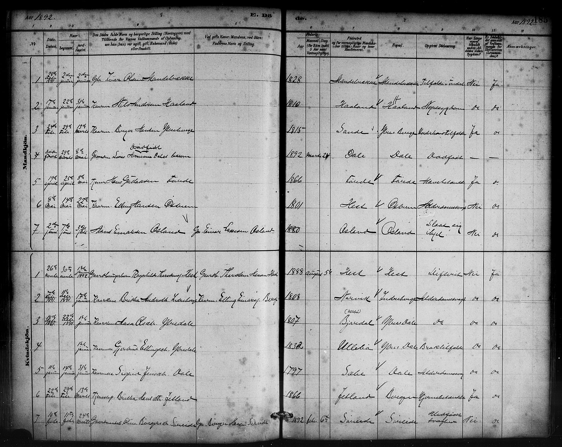 Lavik sokneprestembete, AV/SAB-A-80901: Parish register (copy) no. B 3, 1882-1913, p. 185