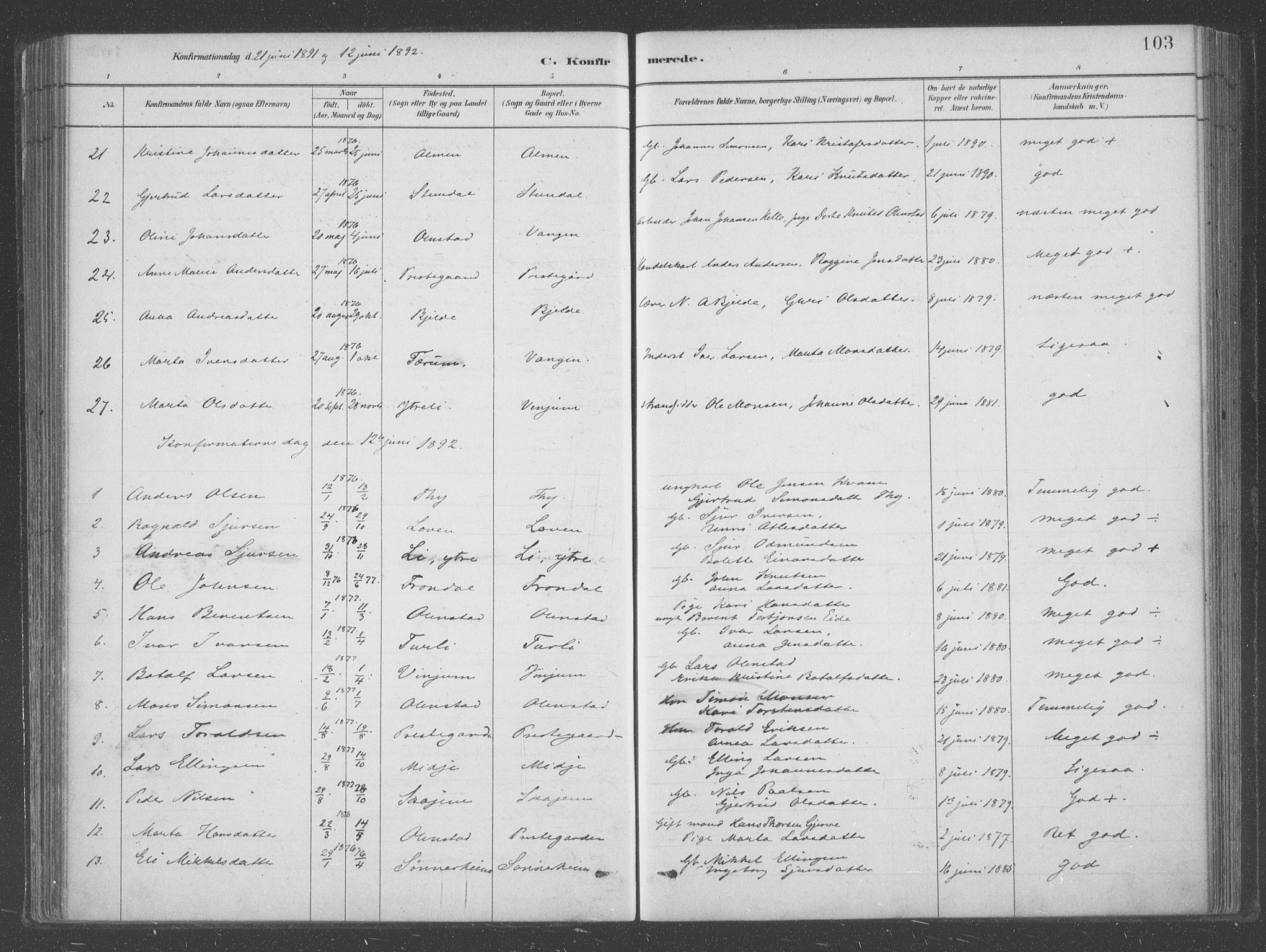 Aurland sokneprestembete, SAB/A-99937/H/Ha/Hab/L0001: Parish register (official) no. B  1, 1880-1909, p. 103