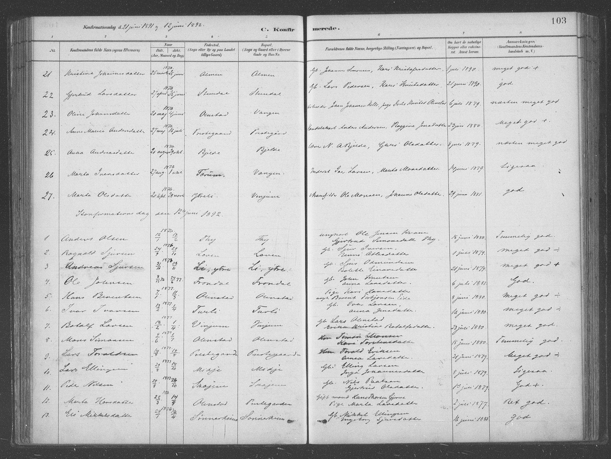 Aurland sokneprestembete, AV/SAB-A-99937/H/Ha/Hab/L0001: Parish register (official) no. B  1, 1880-1909, p. 103