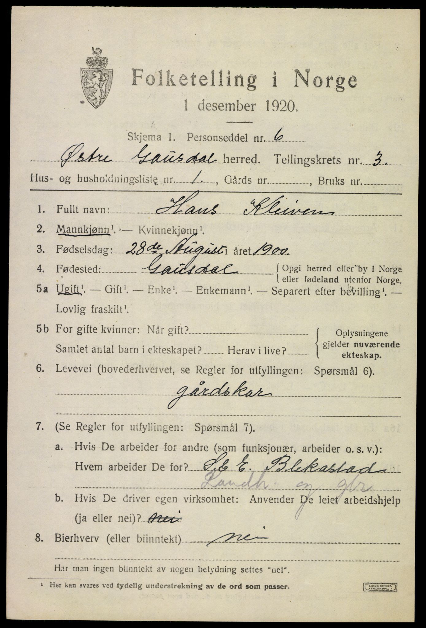 SAH, 1920 census for Østre Gausdal, 1920, p. 1920