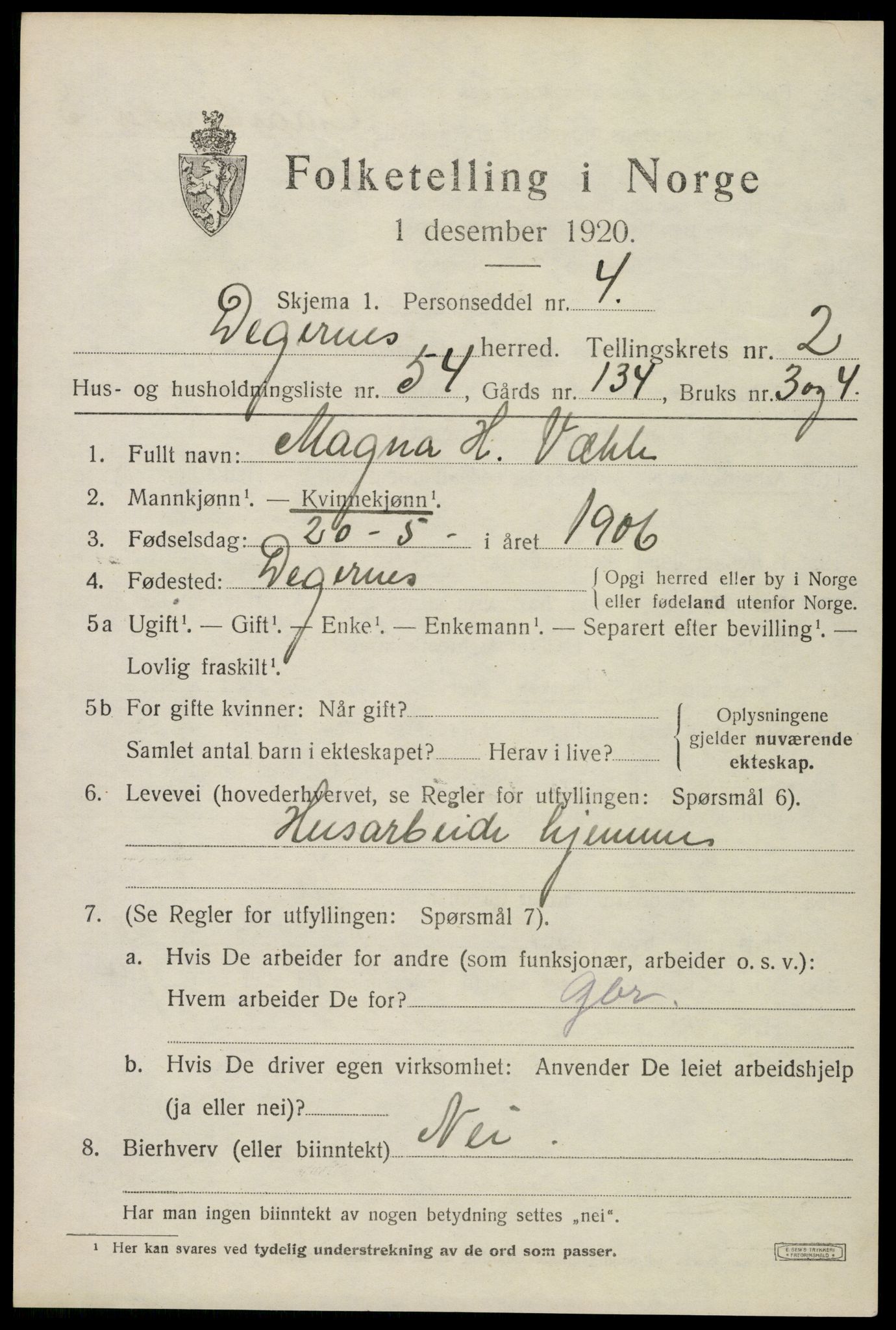 SAO, 1920 census for Degernes, 1920, p. 2084