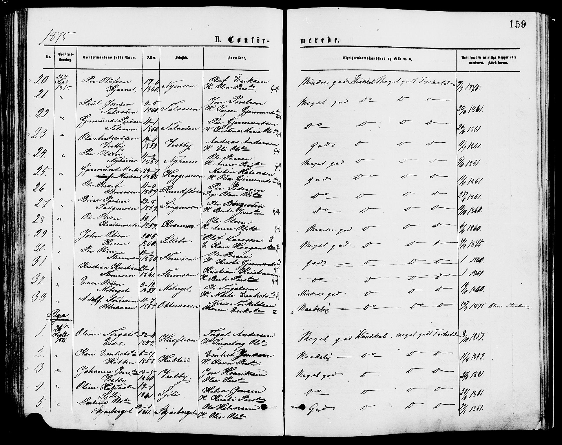 Trysil prestekontor, AV/SAH-PREST-046/H/Ha/Haa/L0007: Parish register (official) no. 7, 1874-1880, p. 159