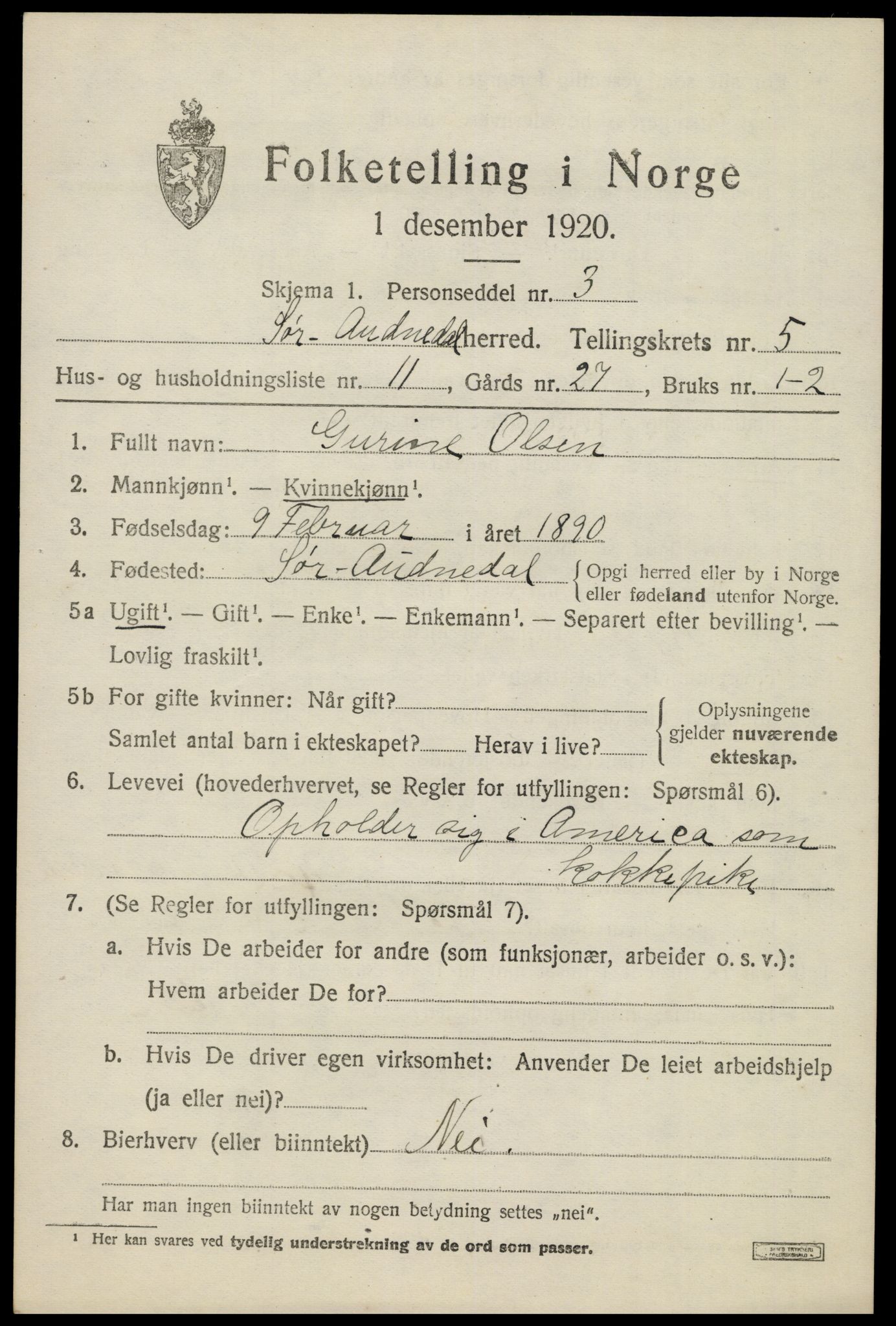 SAK, 1920 census for Sør-Audnedal, 1920, p. 2601