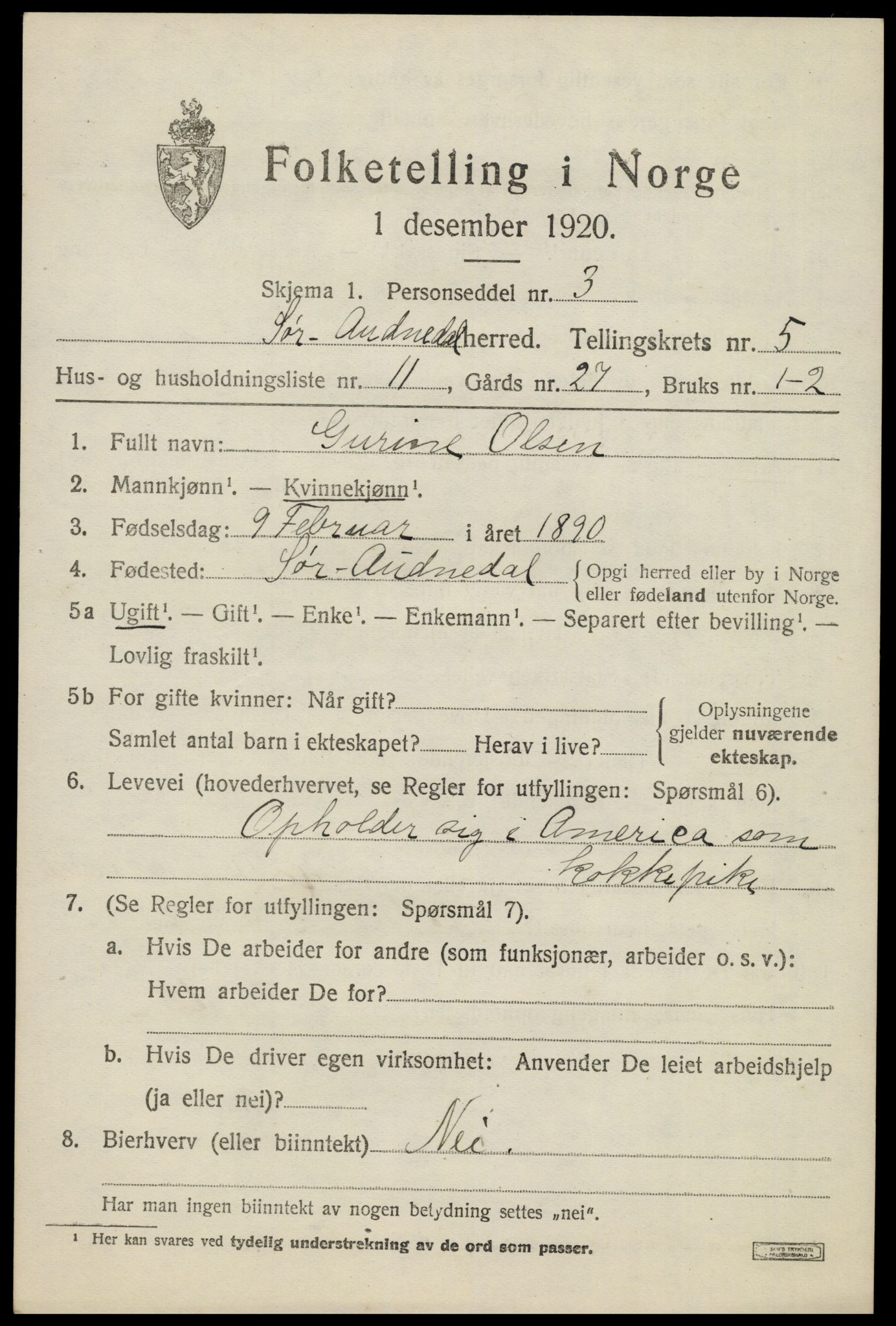 SAK, 1920 census for Sør-Audnedal, 1920, p. 2601