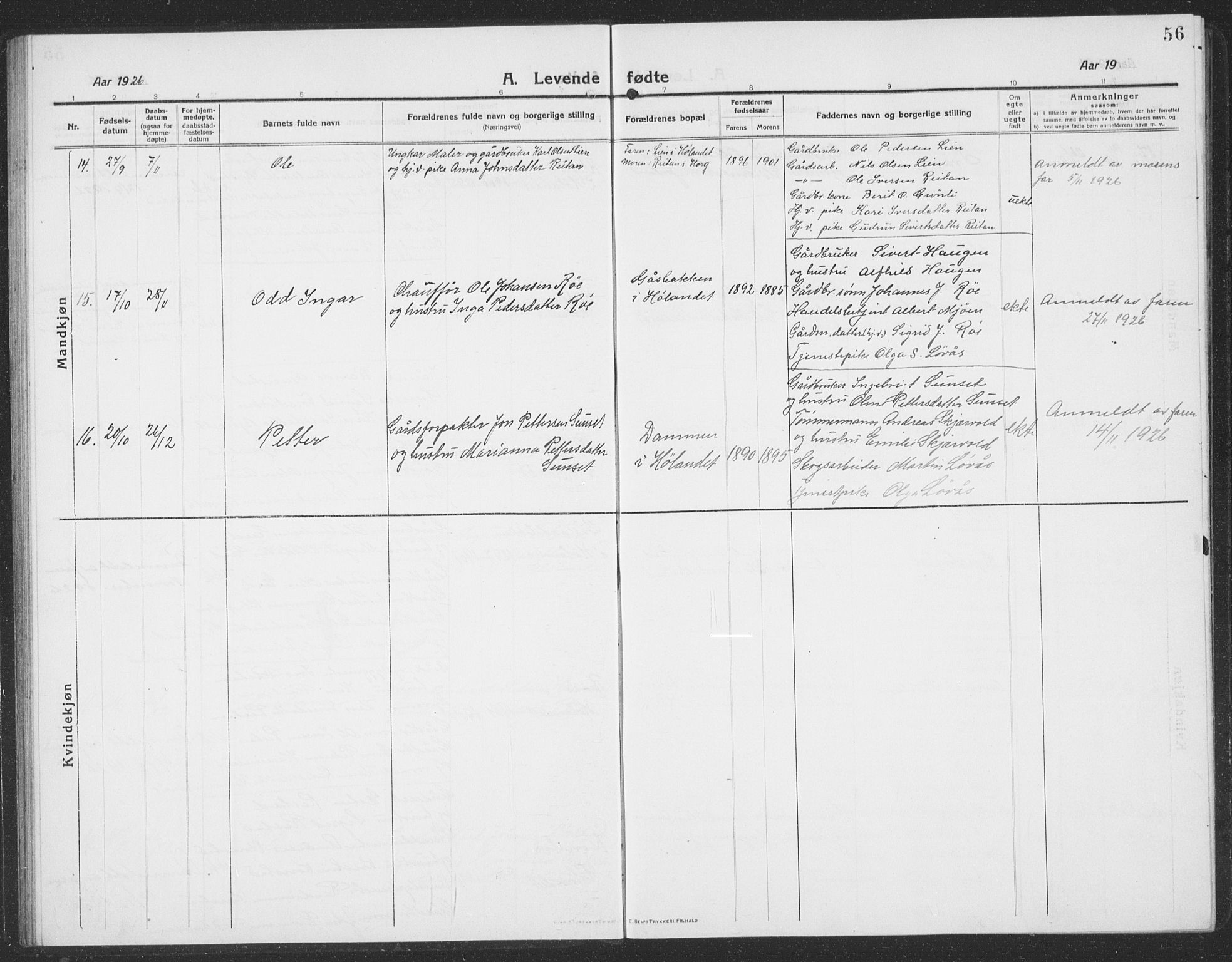 Ministerialprotokoller, klokkerbøker og fødselsregistre - Sør-Trøndelag, SAT/A-1456/694/L1134: Parish register (copy) no. 694C06, 1915-1937, p. 56