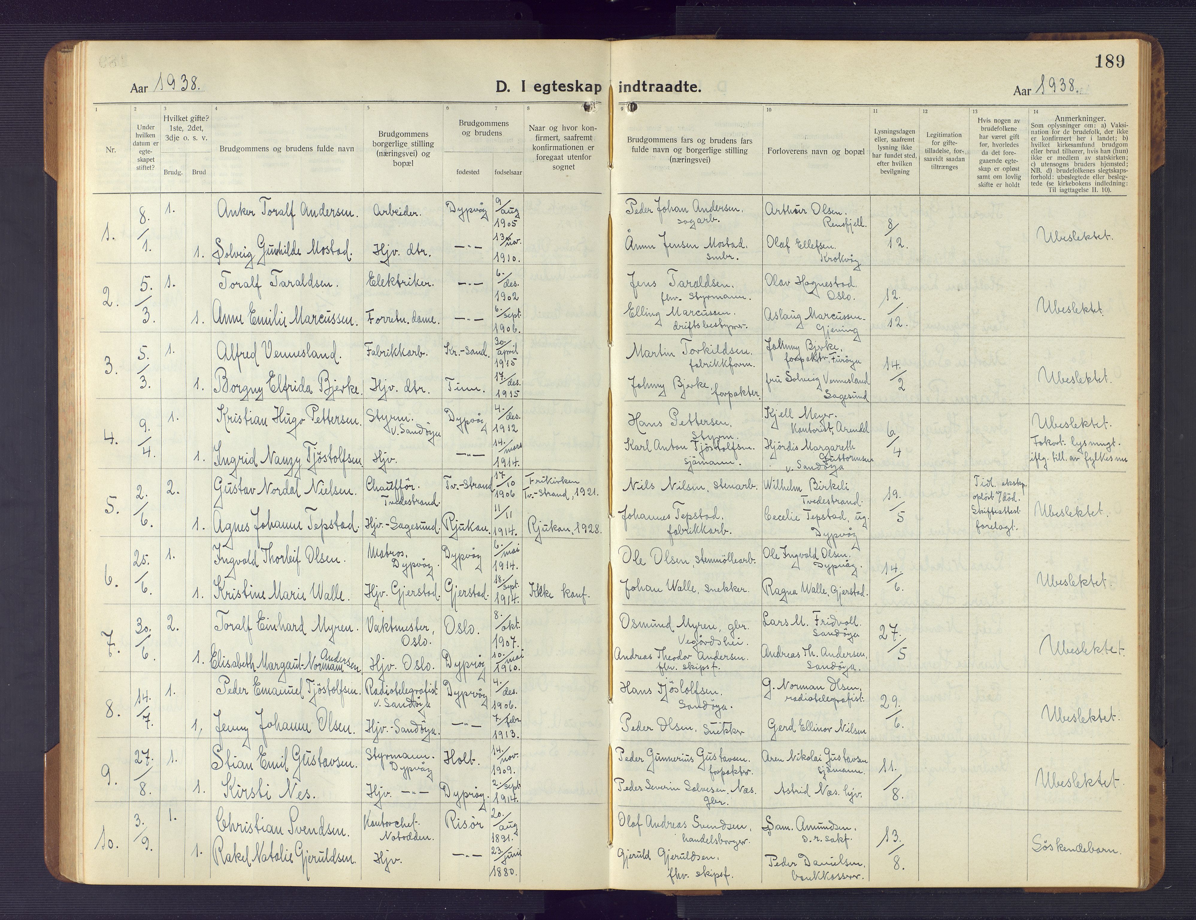 Dypvåg sokneprestkontor, SAK/1111-0007/F/Fb/Fba/L0015: Parish register (copy) no. B 15, 1922-1949, p. 189